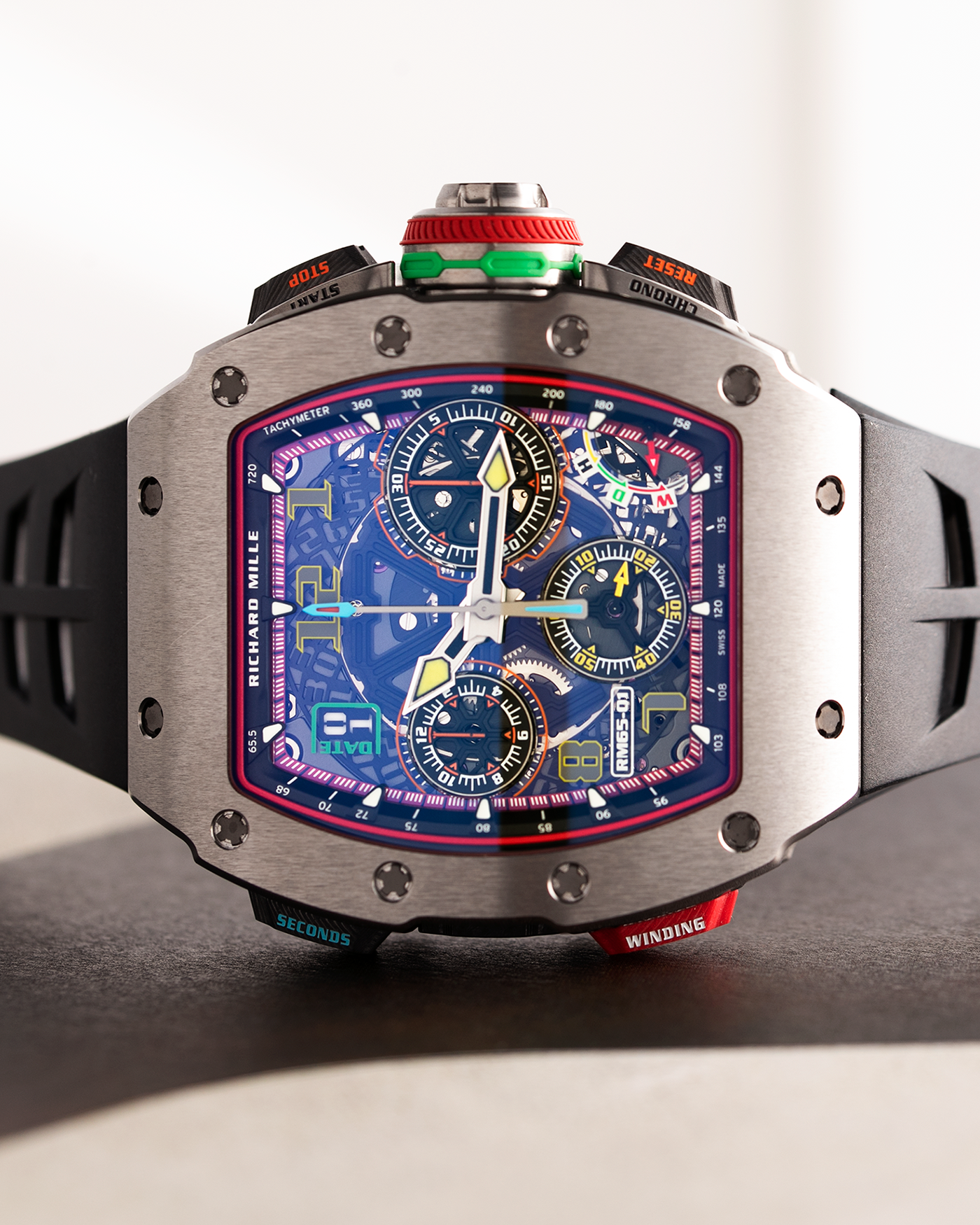 Brand: Richard Mille Year: 2022 Model: RM65-01 Material: Titanium Movement: Cal. RMAC4 Case Diameter: 44mm X 49.9mm Bracelet: Richard Mille Black Rubber Strap with Titanium Deployant Clasp and Additional Richard Mille Green Rubber Strap