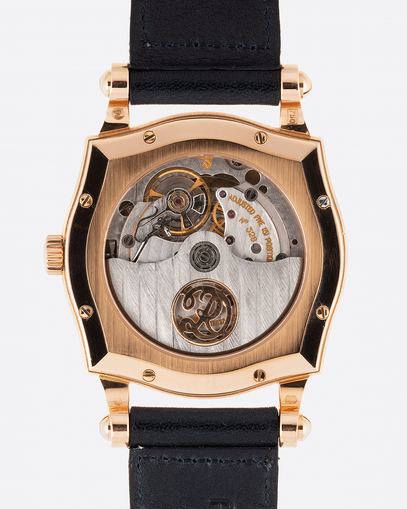 Brand: Roger Dubuis Year: 1998 Model: Sympathie 34 Material: 18k Rose Gold Movement: Cal RD 57 Case Diameter: 34mm Strap: Navy Blue Accurate Form Japanese Calf Leather and 18k Rose Gold Roger Dubuis Tang Buckle