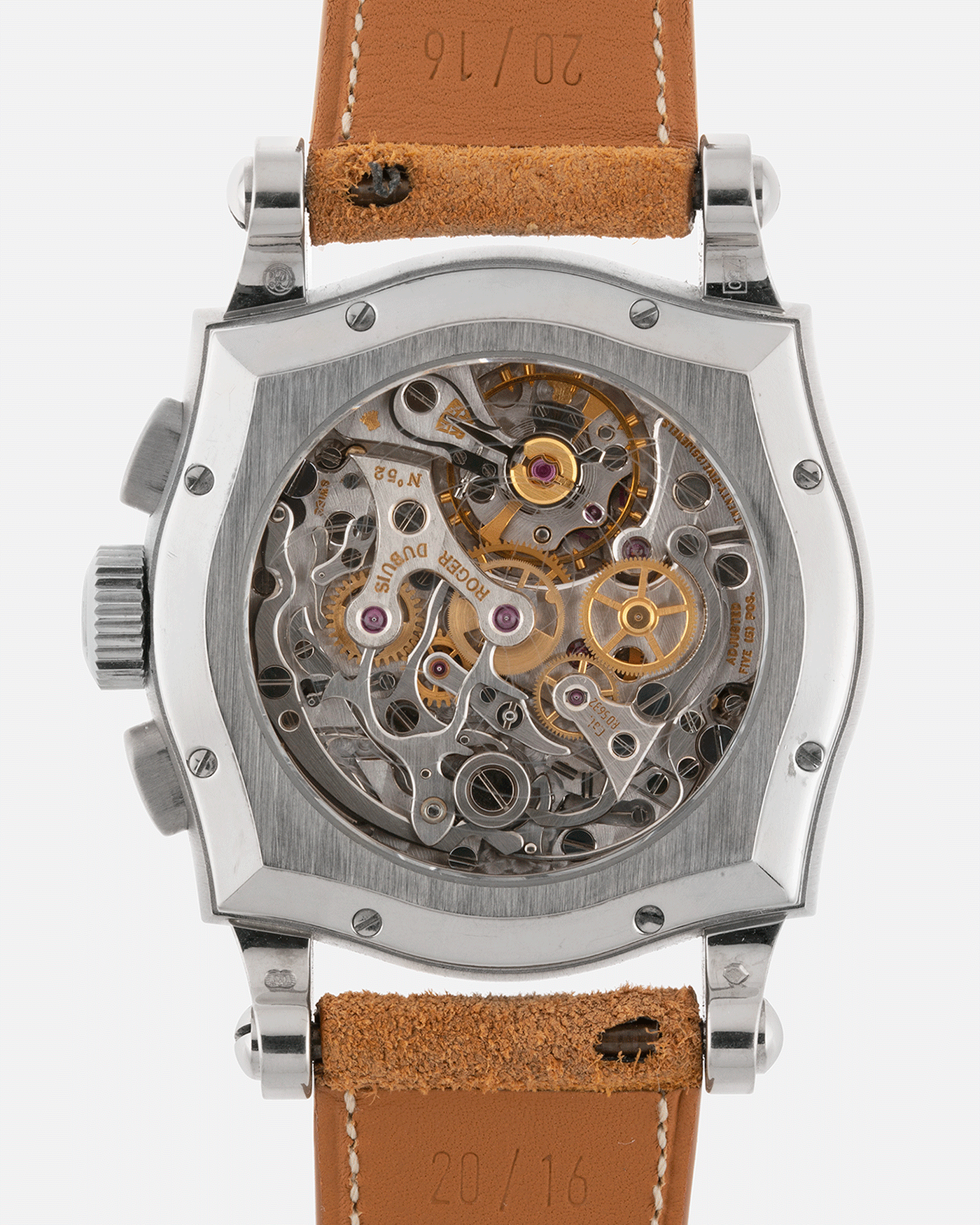 Brand: Roger Dubuis Year: 2000’s Model: Sympathie 37 Perpetual Chronograph Material: 18k White Gold Movement: Cal RD 5637 Case Diameter: 37mm Strap: Nostime Sand Tan Suede Calf with 18k White Gold Roger Dubuis Tang Buckle