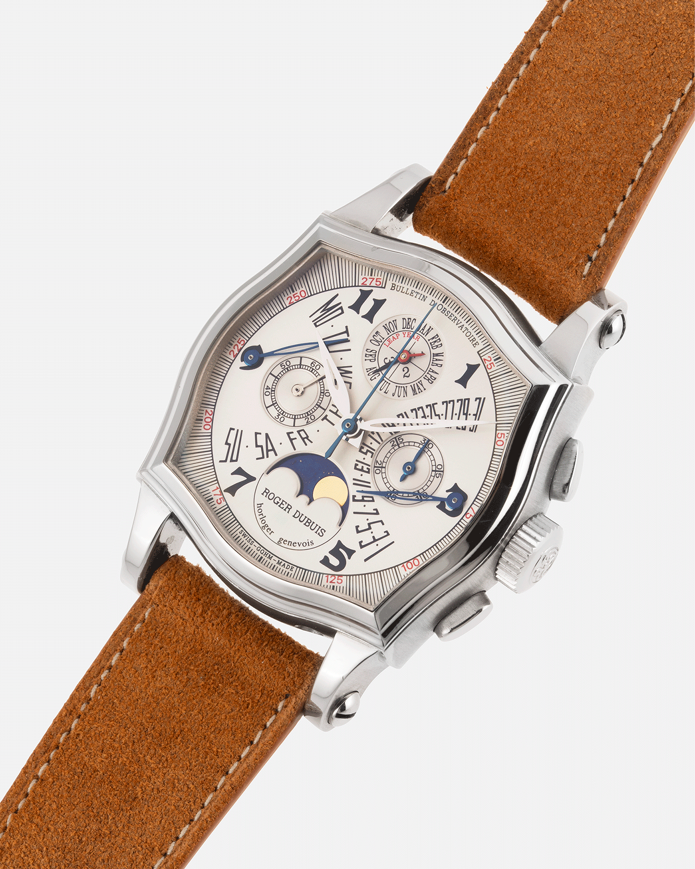 Brand: Roger Dubuis Year: 2000’s Model: Sympathie 37 Perpetual Chronograph Material: 18k White Gold Movement: Cal RD 5637 Case Diameter: 37mm Strap: Nostime Sand Tan Suede Calf with 18k White Gold Roger Dubuis Tang Buckle