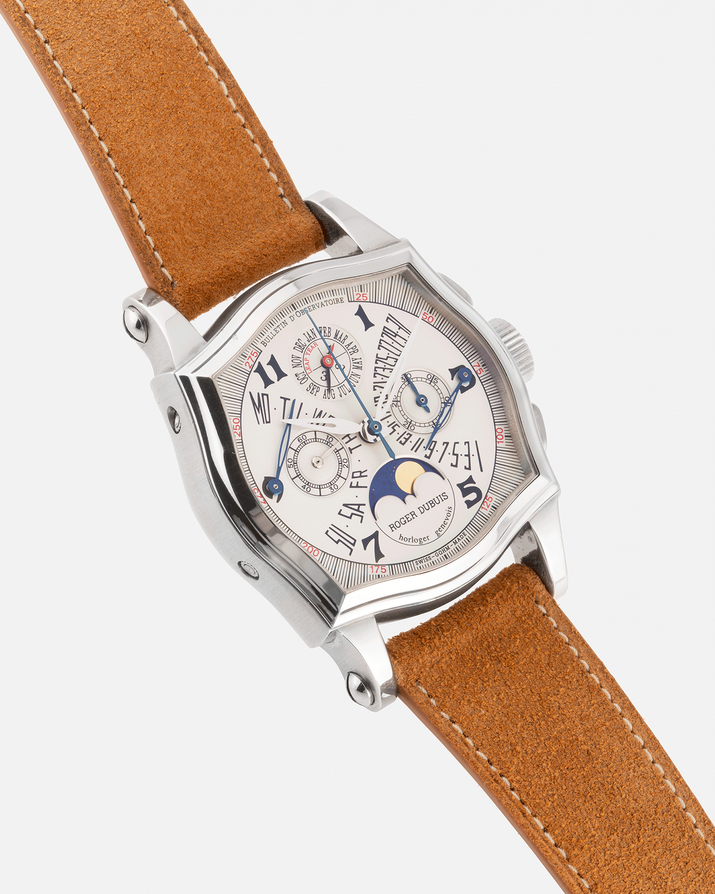 Brand: Roger Dubuis Year: 2000’s Model: Sympathie 37 Perpetual Chronograph Material: 18k White Gold Movement: Cal RD 5637 Case Diameter: 37mm Strap: Nostime Sand Tan Suede Calf with 18k White Gold Roger Dubuis Tang Buckle
