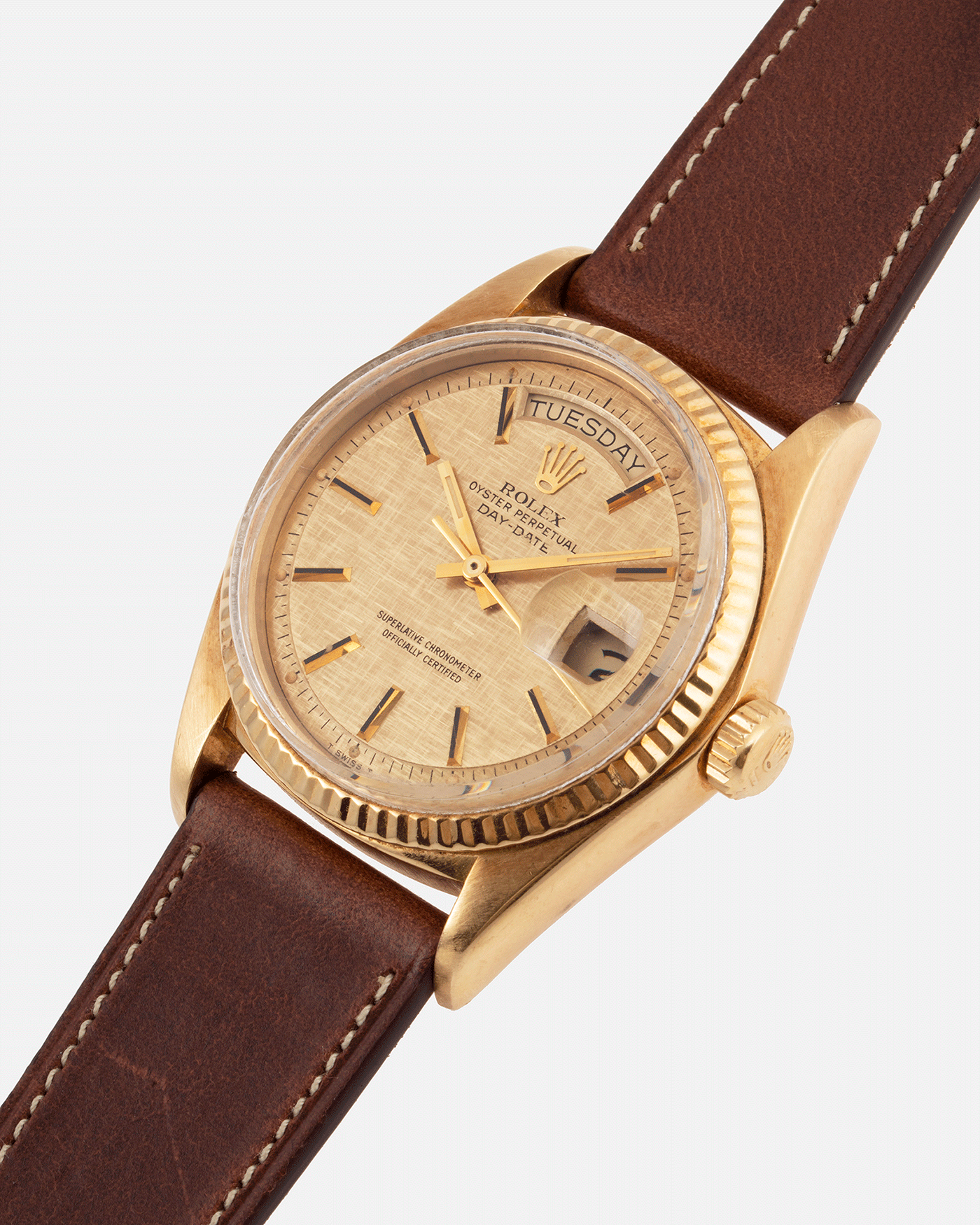 Brand: Rolex Year: 1978 Model: Day Date Reference Number: 1803 Serial Number: 5089385 Material: 18k Yellow Gold Movement: Cal. 1555 Case Diameter: 36mm Lug Width: 20mm Bracelet/Strap: Nostime Tobacco Brown Horween Shell Cordovan