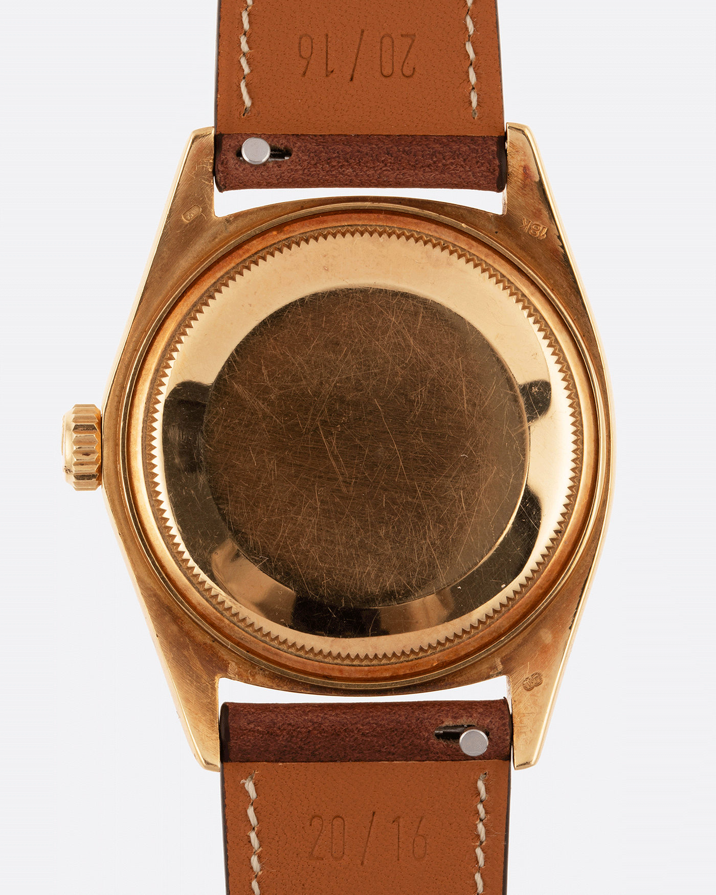 Brand: Rolex Year: 1978 Model: Day Date Reference Number: 1803 Serial Number: 5089385 Material: 18k Yellow Gold Movement: Cal. 1555 Case Diameter: 36mm Lug Width: 20mm Bracelet/Strap: Nostime Tobacco Brown Horween Shell Cordovan