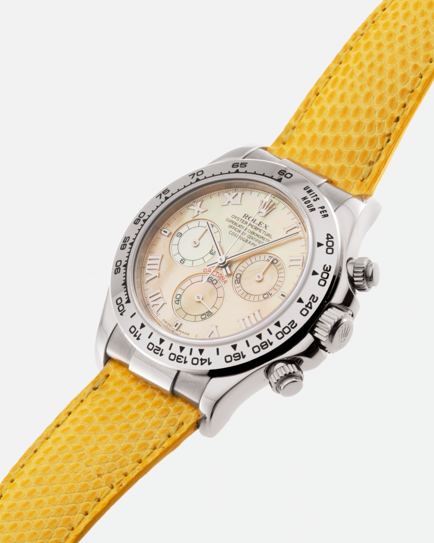 Brand: Rolex Year: 2000’s Model: Beach Cosmograph Daytona Reference: 116519 Material: 18k White Gold Movement: Calibre 4130 Case Diameter: 40mm Strap: Rolex Beach Daytona Yellow Lizard Strap and 18k White Gold Rolex Clasp