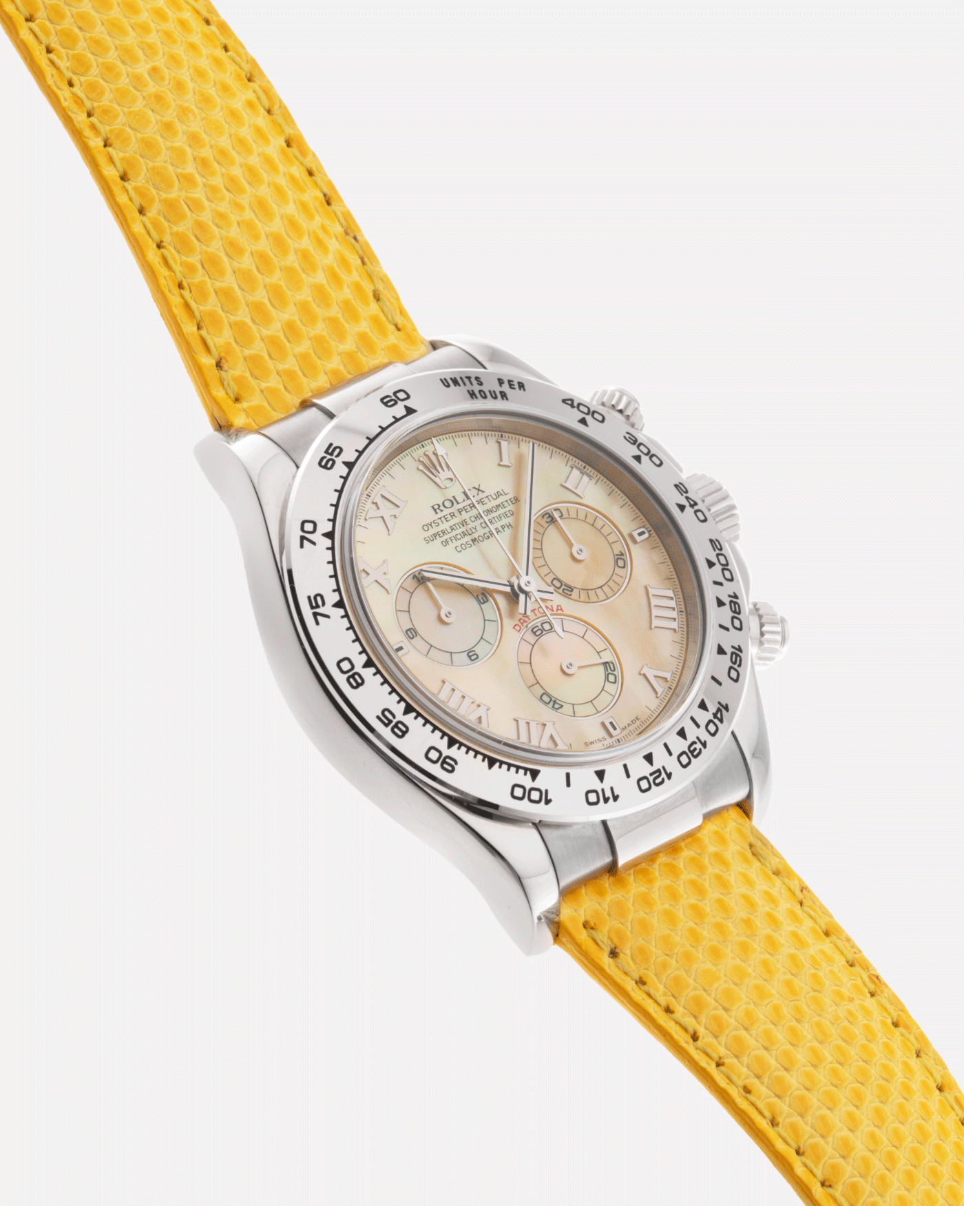 Brand: Rolex Year: 2000’s Model: Beach Cosmograph Daytona Reference: 116519 Material: 18k White Gold Movement: Calibre 4130 Case Diameter: 40mm Strap: Rolex Beach Daytona Yellow Lizard Strap and 18k White Gold Rolex Clasp