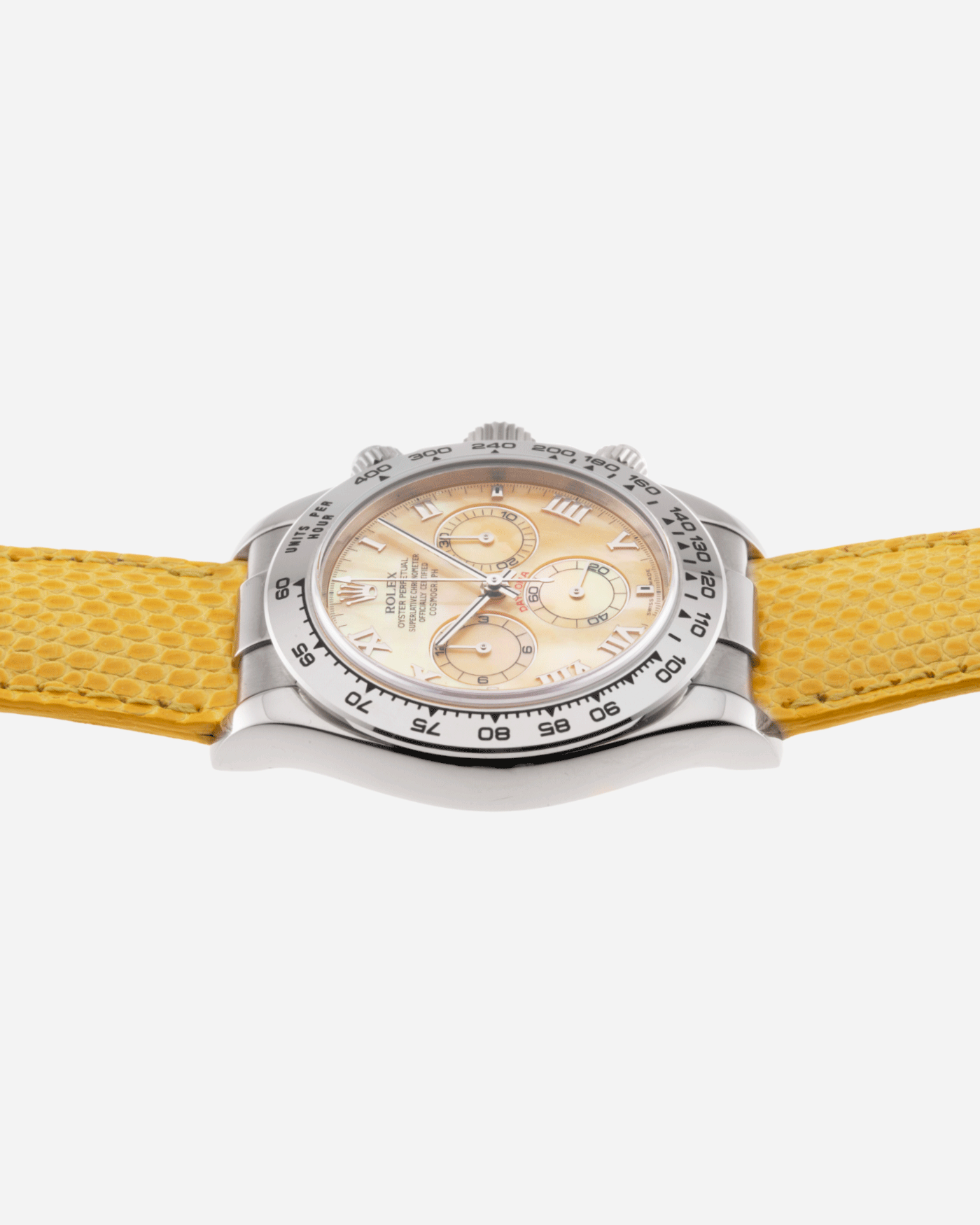 Brand: Rolex Year: 2000’s Model: Beach Cosmograph Daytona Reference: 116519 Material: 18k White Gold Movement: Calibre 4130 Case Diameter: 40mm Strap: Rolex Beach Daytona Yellow Lizard Strap and 18k White Gold Rolex Clasp