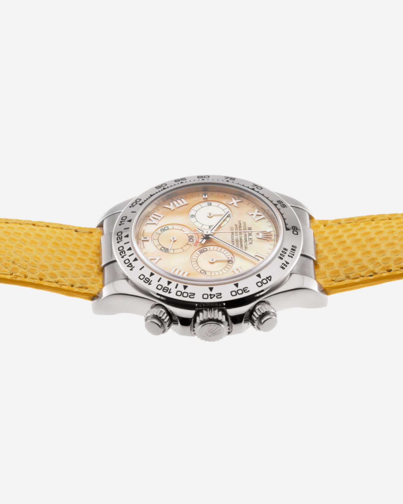 Brand: Rolex Year: 2000’s Model: Beach Cosmograph Daytona Reference: 116519 Material: 18k White Gold Movement: Calibre 4130 Case Diameter: 40mm Strap: Rolex Beach Daytona Yellow Lizard Strap and 18k White Gold Rolex Clasp