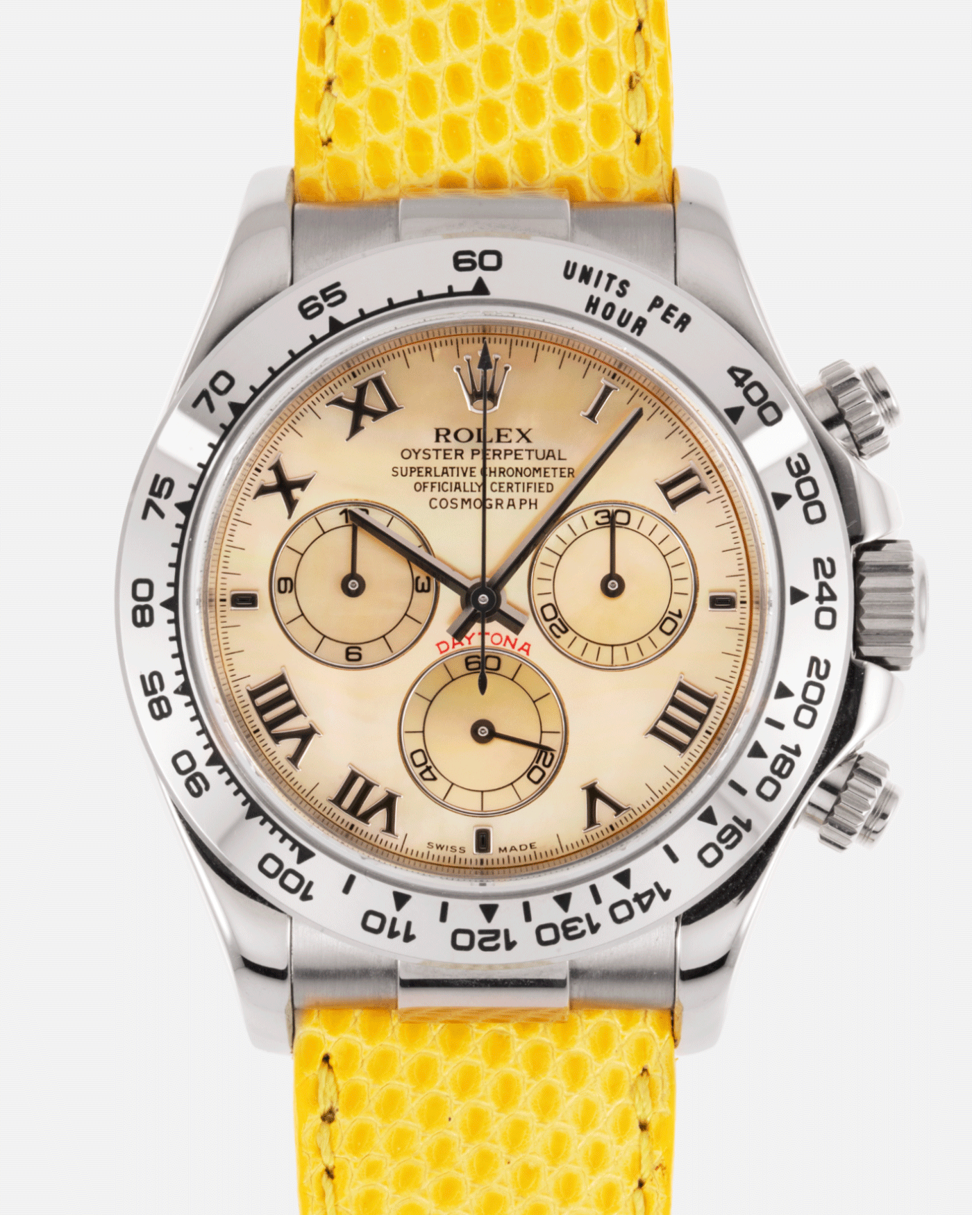 Brand: Rolex Year: 2000’s Model: Beach Cosmograph Daytona Reference: 116519 Material: 18k White Gold Movement: Calibre 4130 Case Diameter: 40mm Strap: Rolex Beach Daytona Yellow Lizard Strap and 18k White Gold Rolex Clasp