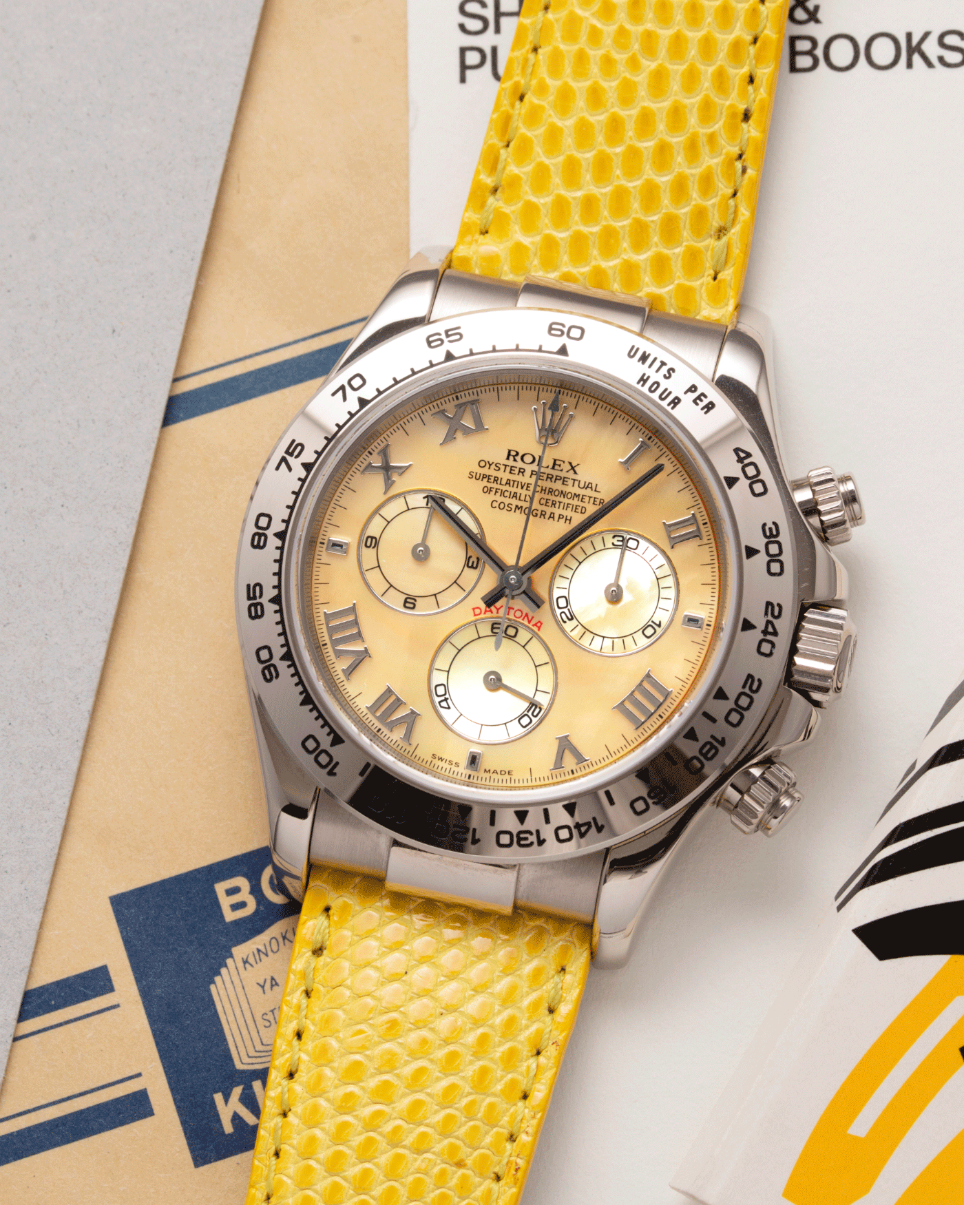 Brand: Rolex Year: 2000’s Model: Beach Cosmograph Daytona Reference: 116519 Material: 18k White Gold Movement: Calibre 4130 Case Diameter: 40mm Strap: Rolex Beach Daytona Yellow Lizard Strap and 18k White Gold Rolex Clasp