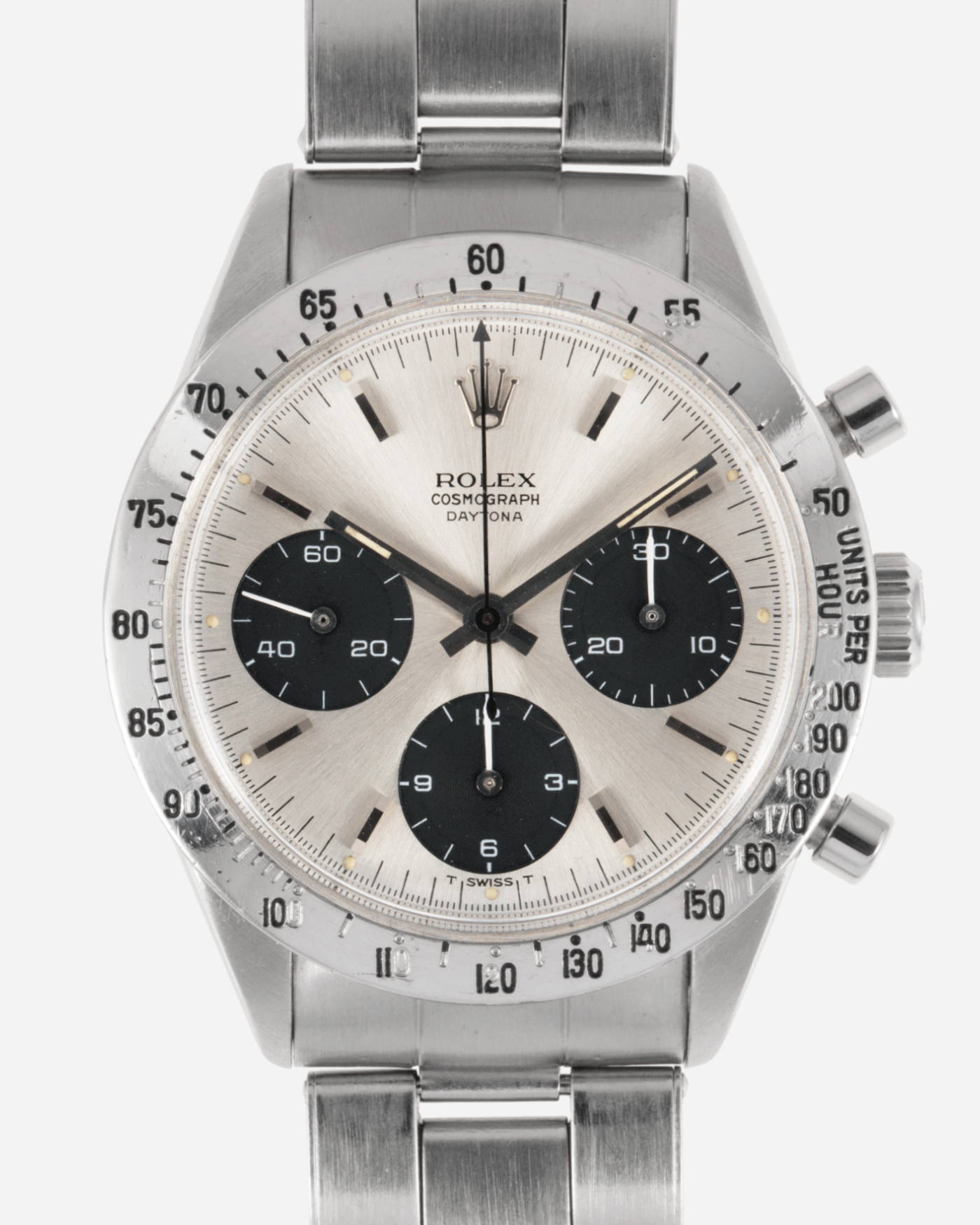 Brand: Rolex Year: 1966 Model: Cosmograph Daytona Reference Number: 6239 Serial Number: 1,4XX,XXX Material: Stainless Steel Movement: Valjoux 72 Case Diameter: 36.5mm Strap: Rolex 7205 Folded Oyster Bracelet with 57 Endlinks, Stamped 4.66