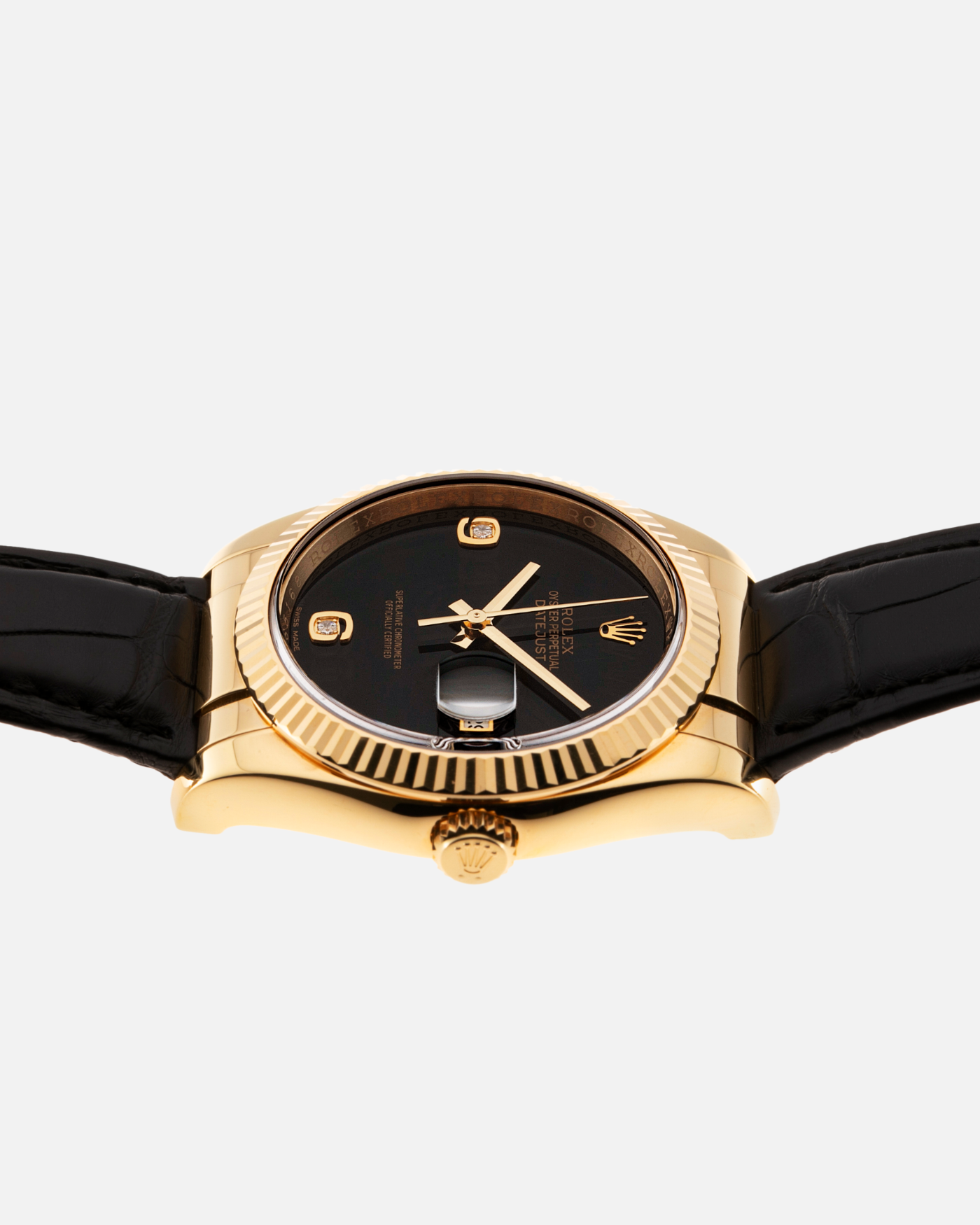 Brand: Rolex Year: 2005 / Sold 2021 Model: Datejust Reference Number: 116238 Material: 18k Yellow Gold Movement: Rolex Cal. 3135 Case Diameter: 36mm Bracelet: Rolex Black Alligator with 18k Yellow Gold Rolex Clasp