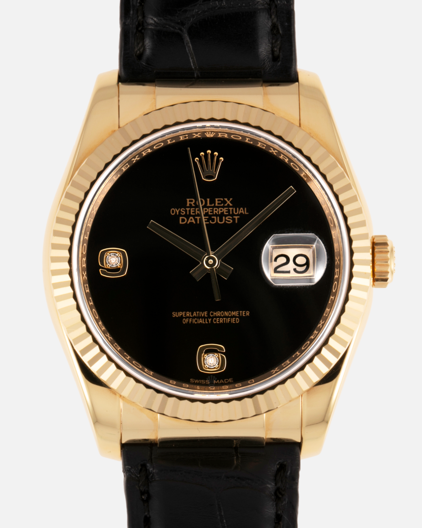 Brand: Rolex Year: 2005 / Sold 2021 Model: Datejust Reference Number: 116238 Material: 18k Yellow Gold Movement: Rolex Cal. 3135 Case Diameter: 36mm Bracelet: Rolex Black Alligator with 18k Yellow Gold Rolex Clasp