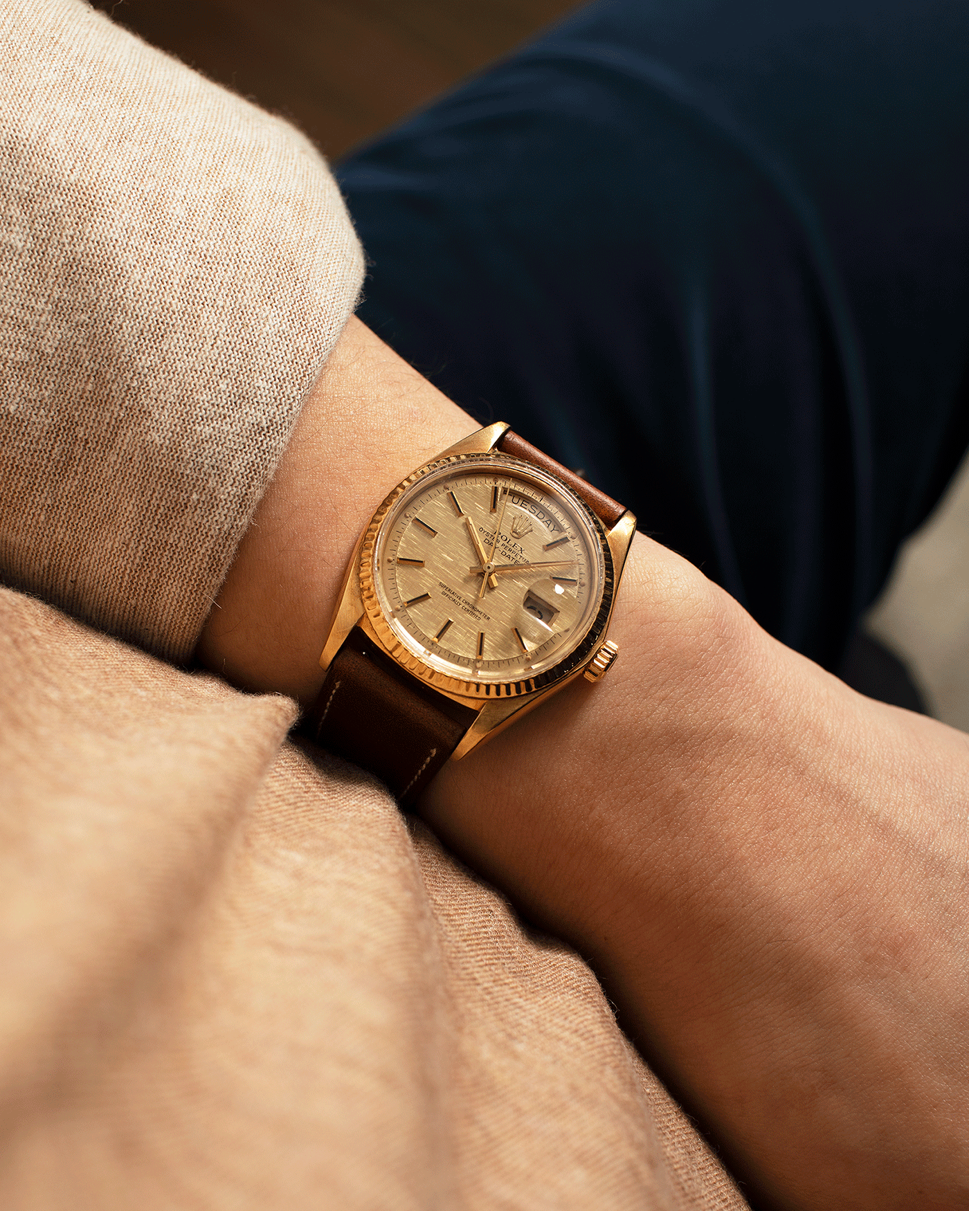 Brand: Rolex Year: 1978 Model: Day Date Reference Number: 1803 Serial Number: 5089385 Material: 18k Yellow Gold Movement: Cal. 1555 Case Diameter: 36mm Lug Width: 20mm Bracelet/Strap: Nostime Tobacco Brown Horween Shell Cordovan