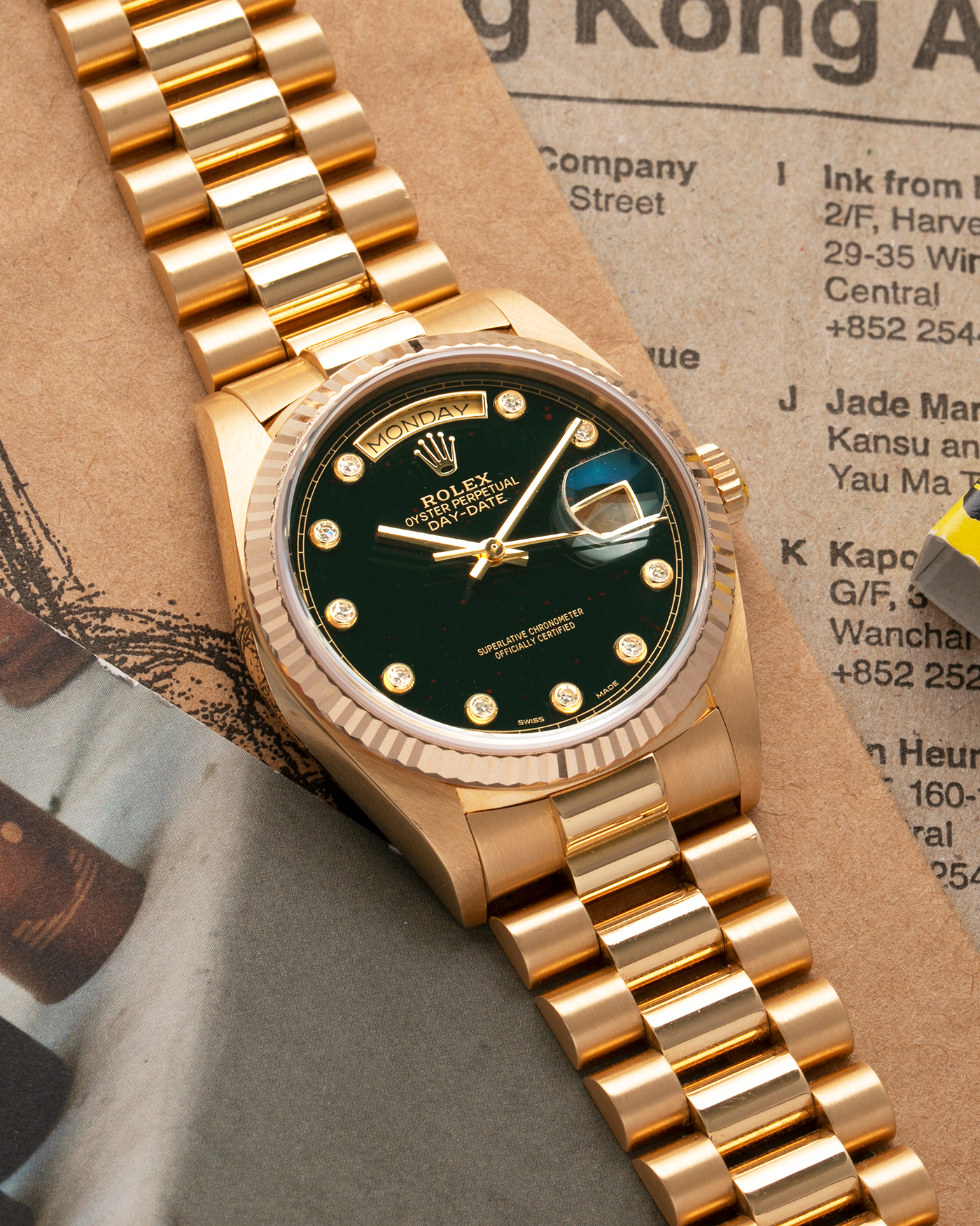 Brand: Rolex Year: 1987 Model: Day Date Reference Number: 18038 Serial: 9.8 Mil Material: 18k Yellow Gold Movement: Cal. 3055 Case Diameter: 36mm Lug Width: 20mm Bracelet/Strap: Rolex 838518k Solid Gold President Bracelet