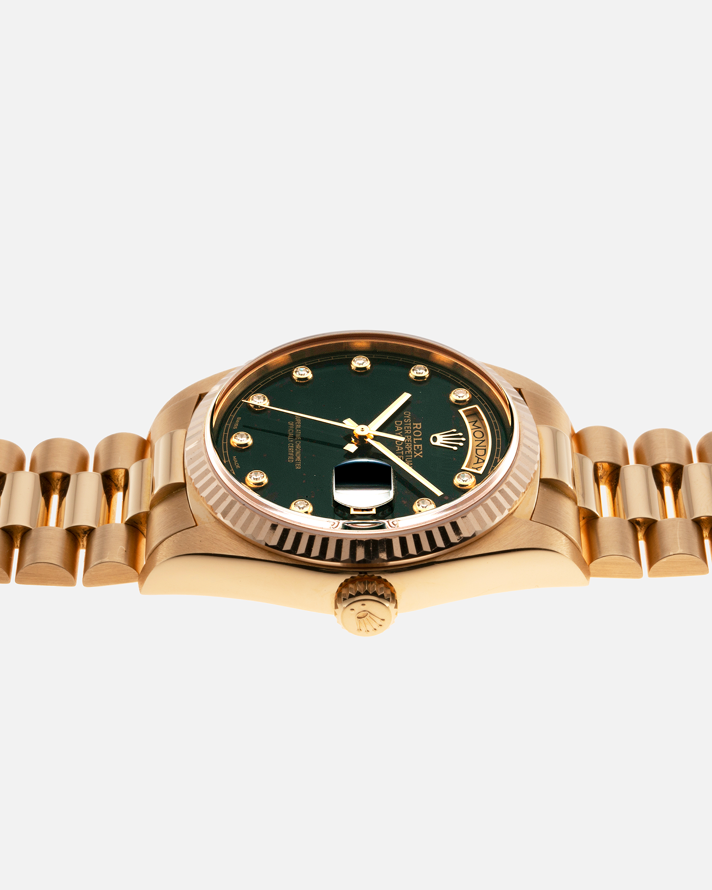 Brand: Rolex Year: 1987 Model: Day Date Reference Number: 18038 Serial: 9.8 Mil Material: 18k Yellow Gold Movement: Cal. 3055 Case Diameter: 36mm Lug Width: 20mm Bracelet/Strap: Rolex 838518k Solid Gold President Bracelet