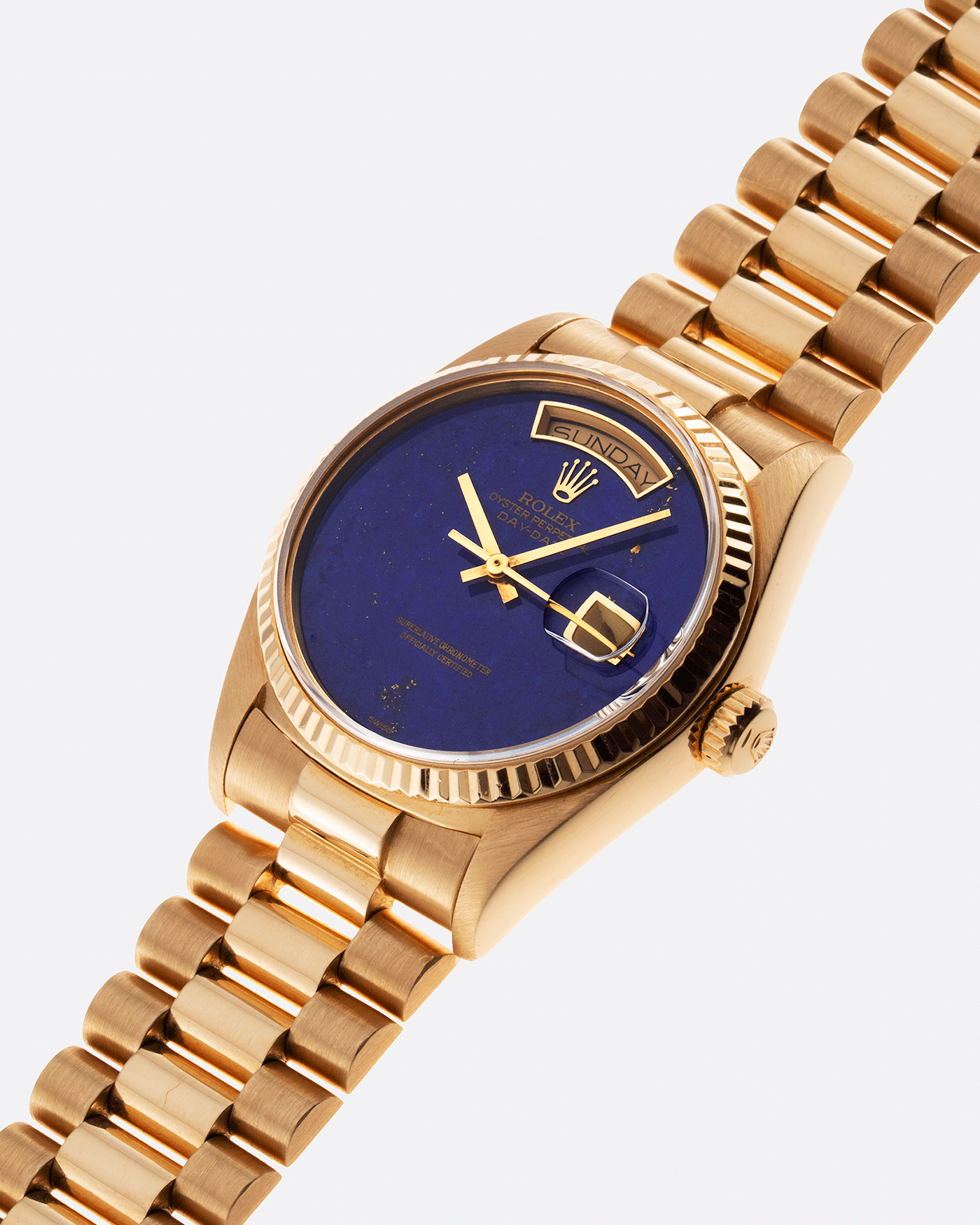 Brand: Rolex Year: 1984 Model: Day-Date Reference Number: 18038 Serial: 8,4XX,XXX Material: 18k Yellow Gold Movement: Cal. 3055 Case Diameter: 36mm Lug Width: 20mm Bracelet/Strap: Rolex 838518k Solid Gold President Bracelet