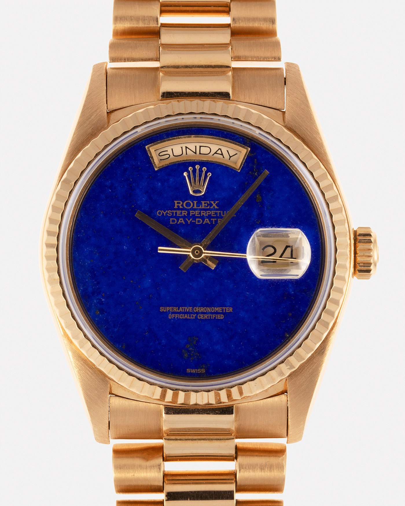 Brand: Rolex Year: 1984 Model: Day-Date Reference Number: 18038 Serial: 8,4XX,XXX Material: 18k Yellow Gold Movement: Cal. 3055 Case Diameter: 36mm Lug Width: 20mm Bracelet/Strap: Rolex 838518k Solid Gold President Bracelet