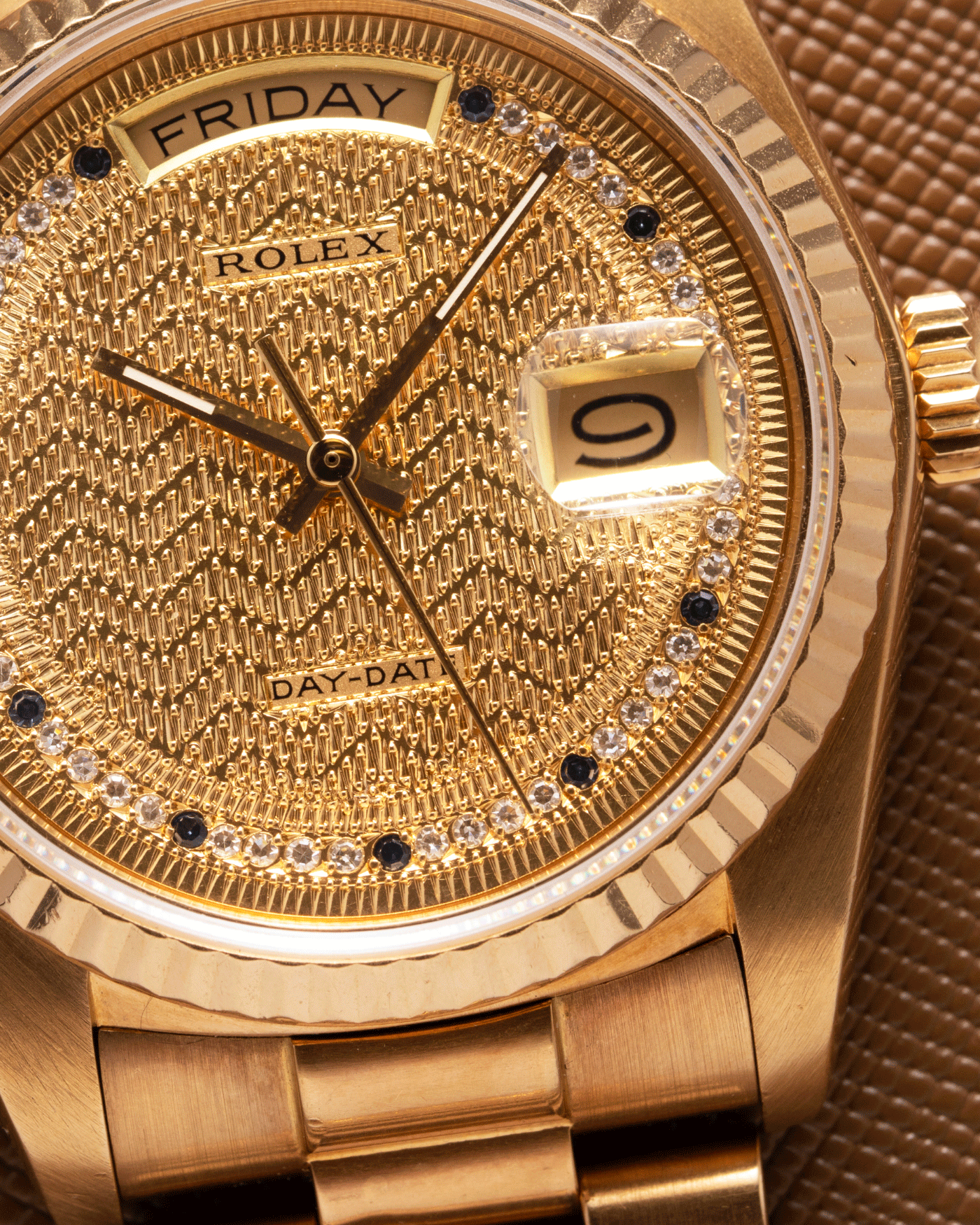 Brand: Rolex Year: 1987 Model: Day Date Reference Number: 18038 Serial Number: 9,6XX,XXX Material: 18k Yellow Gold Movement: Cal. 3055 Case Diameter: 36mm Lug Width: 20mm Bracelet/Strap: Rolex 18k Solid Gold President Bracelet