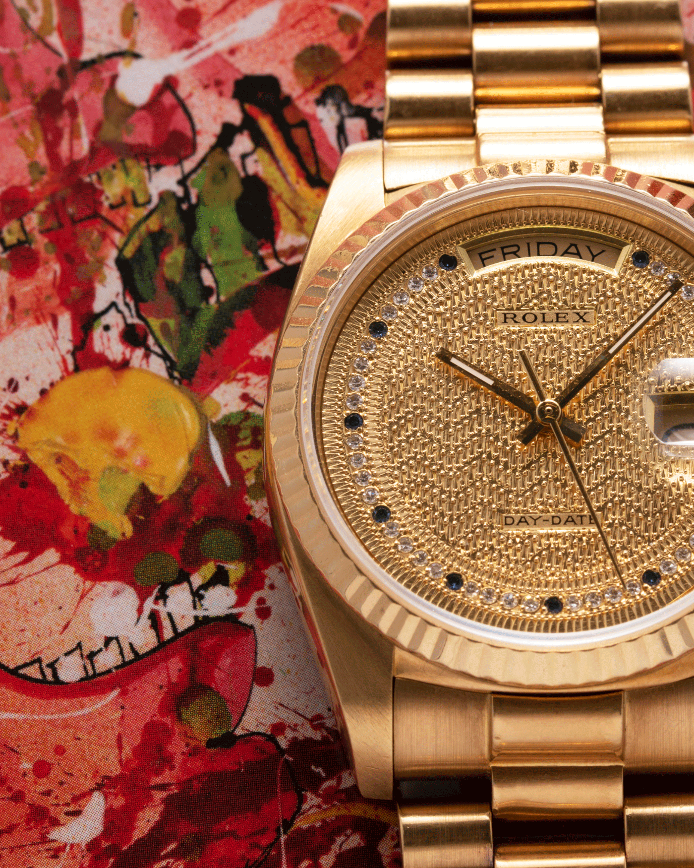 Brand: Rolex Year: 1987 Model: Day Date Reference Number: 18038 Serial Number: 9,6XX,XXX Material: 18k Yellow Gold Movement: Cal. 3055 Case Diameter: 36mm Lug Width: 20mm Bracelet/Strap: Rolex 18k Solid Gold President Bracelet