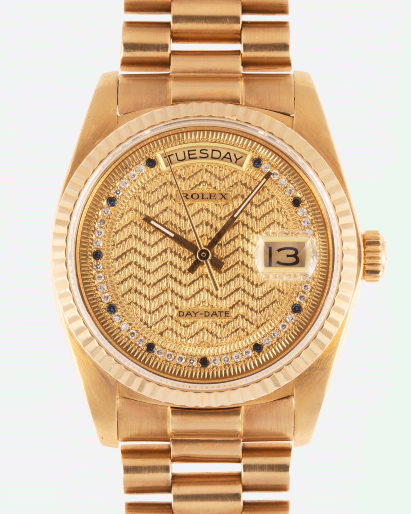 Brand: Rolex Year: 1987 Model: Day Date Reference Number: 18038 Serial Number: 9,6XX,XXX Material: 18k Yellow Gold Movement: Cal. 3055 Case Diameter: 36mm Lug Width: 20mm Bracelet/Strap: Rolex 18k Solid Gold President Bracelet