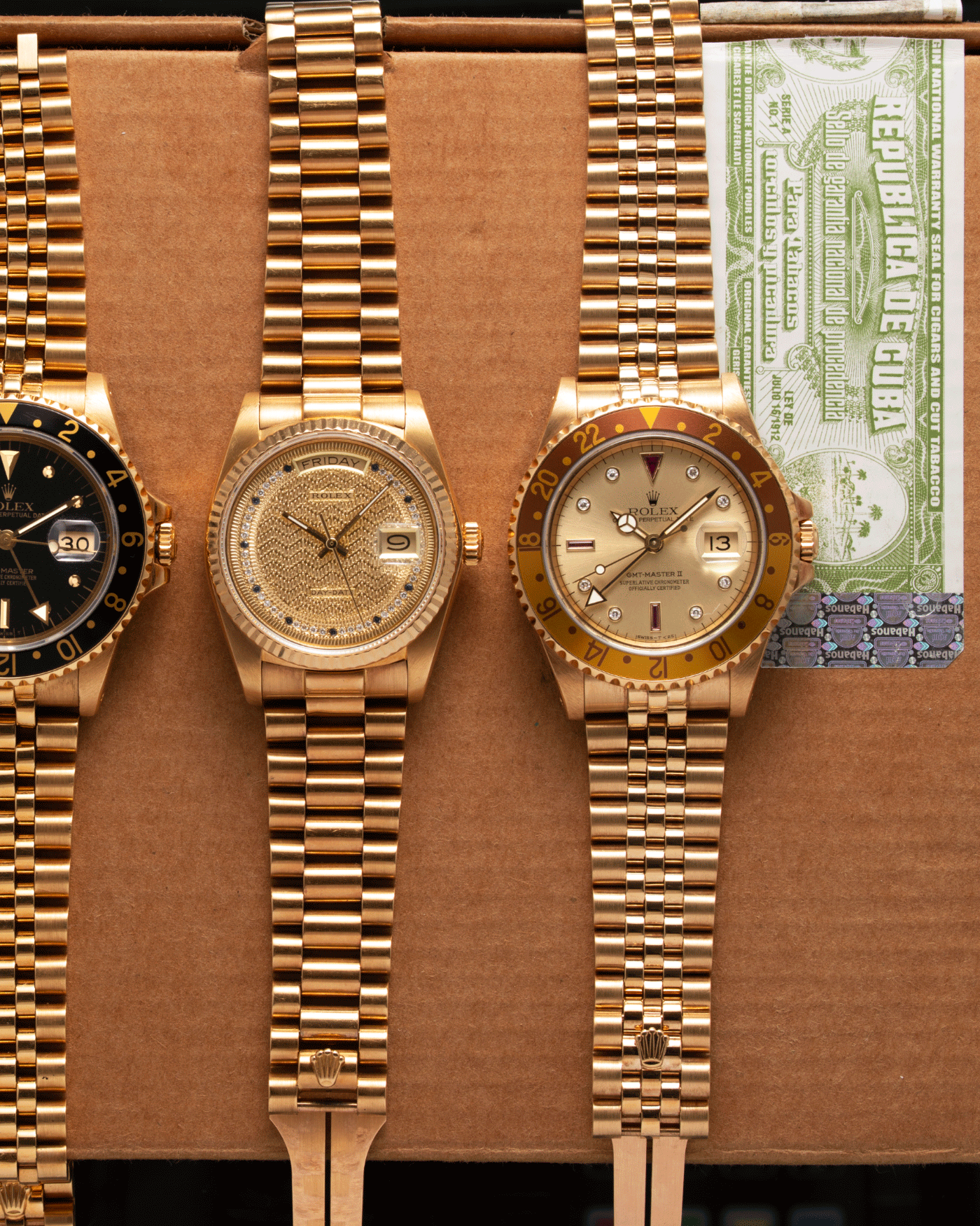 Brand: Rolex Year: 1990 Model: GMT-Master Reference Number: 167187 Serial Number: E Serial Material: 18k Yellow Gold Movement: Cal. 3185 Case Diameter: 40mm Lug Width: 20mm Strap: 18k Yellow Gold Rolex 8386 Jubilee Bracelet with ’47B’ End Links