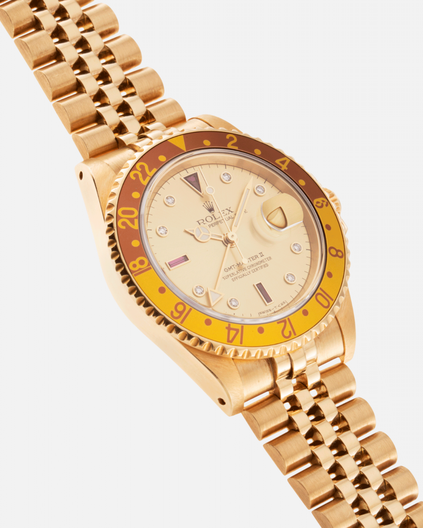 Brand: Rolex Year: 1990 Model: GMT-Master Reference Number: 167187 Serial Number: E Serial Material: 18k Yellow Gold Movement: Cal. 3185 Case Diameter: 40mm Lug Width: 20mm Strap: 18k Yellow Gold Rolex 8386 Jubilee Bracelet with ’47B’ End Links