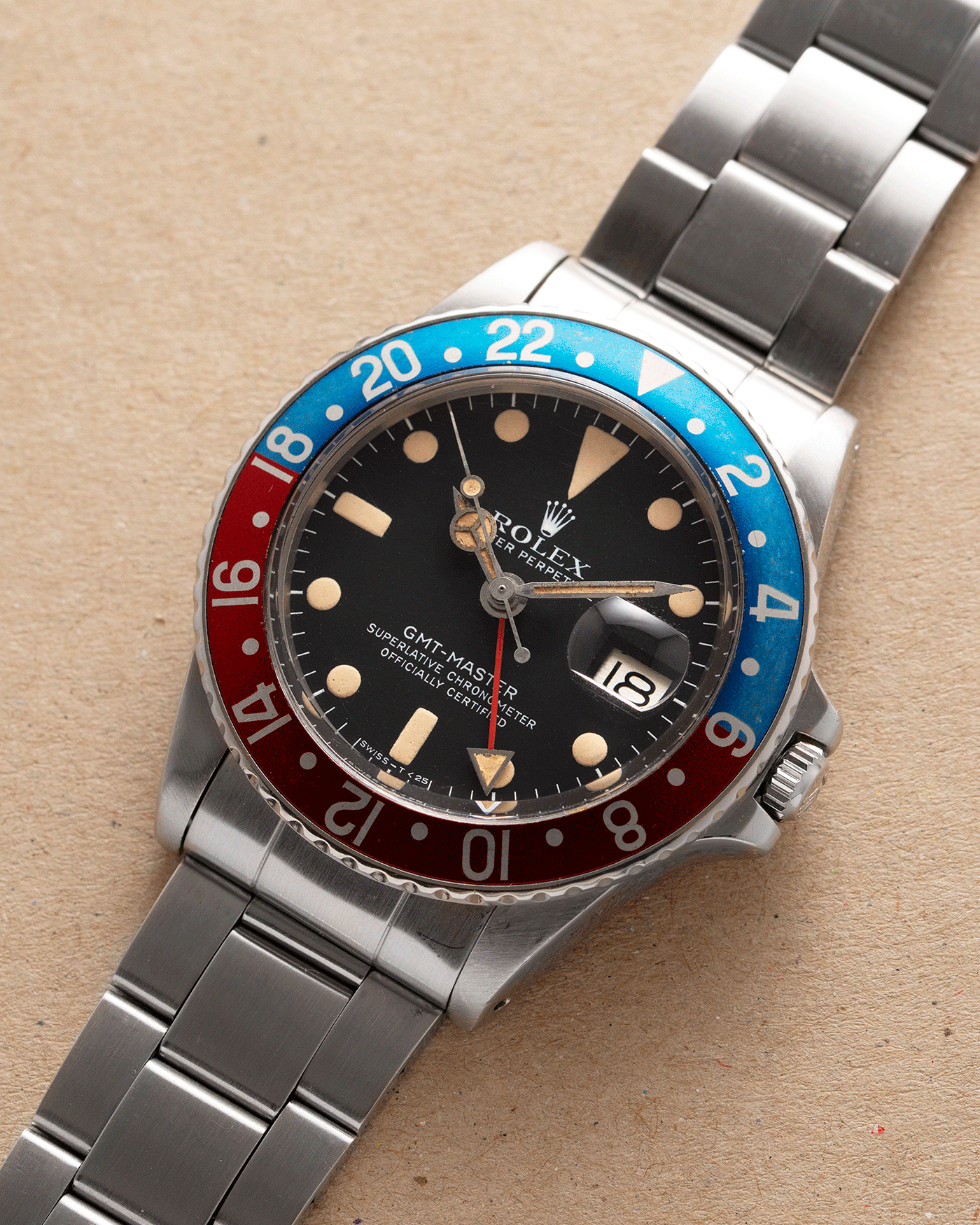 Brand: Rolex Year: 1978/79 Model: GMT-Master Reference Number: 1675 Serial Number: 5,73X,XXX Material: Stainless Steel Movement: Cal. 1570 Case Diameter: 40mm Lug Width: 20mm Bracelet: Rolex 7836 Folded Oyster Bracelet with ‘358’ end links