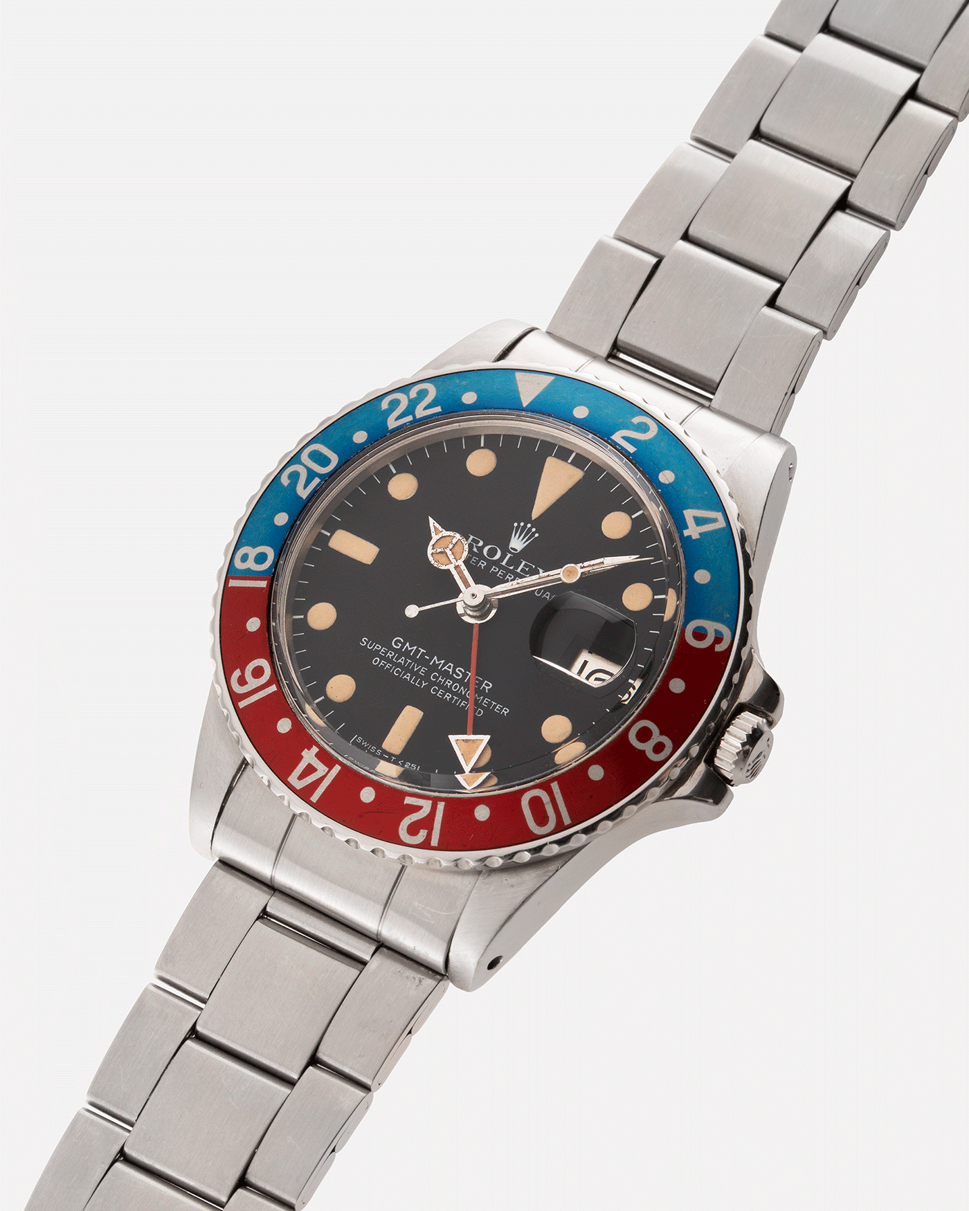 Brand: Rolex Year: 1978/79 Model: GMT-Master Reference Number: 1675 Serial Number: 5,73X,XXX Material: Stainless Steel Movement: Cal. 1570 Case Diameter: 40mm Lug Width: 20mm Bracelet: Rolex 7836 Folded Oyster Bracelet with ‘358’ end links