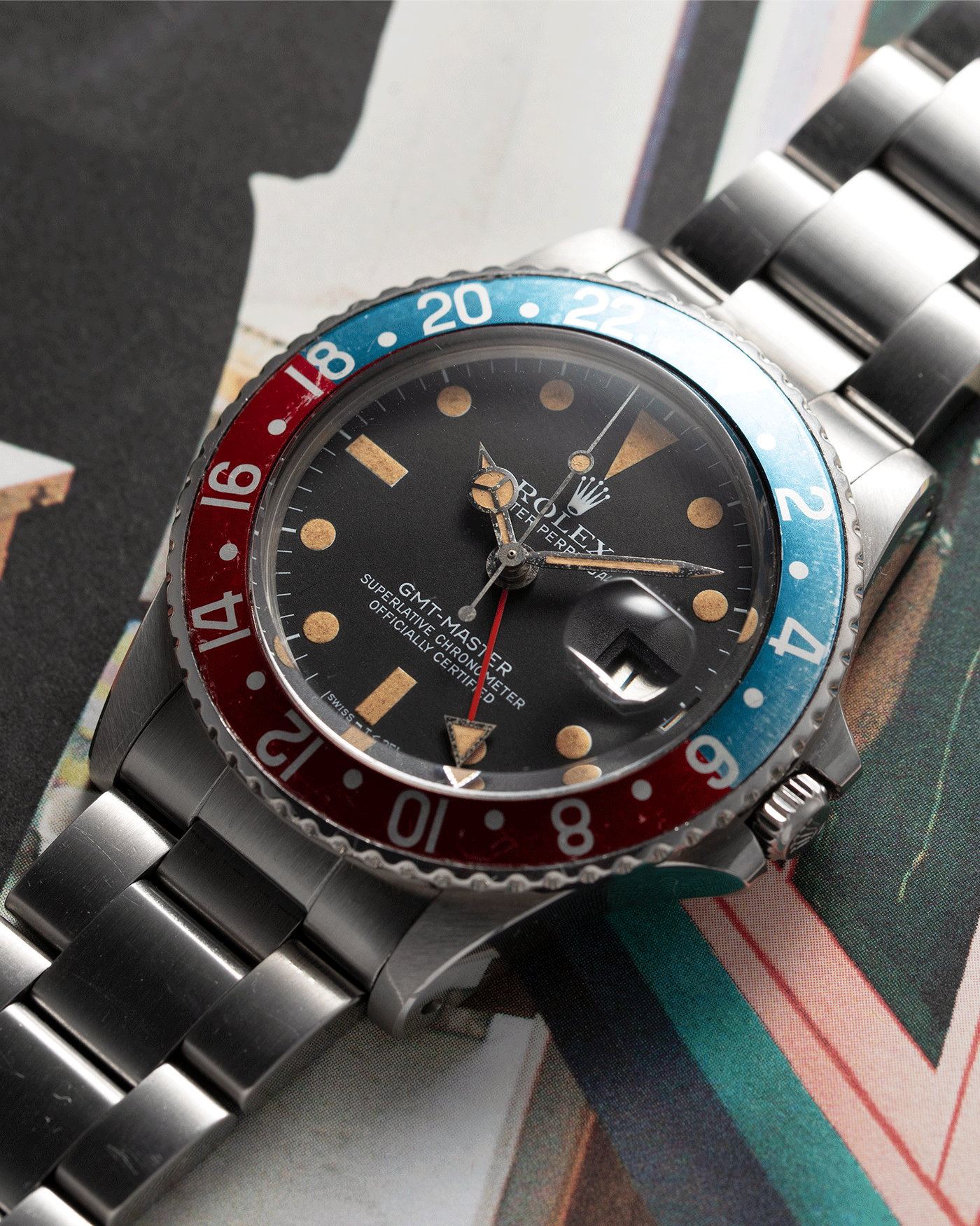 Brand: Rolex Year: 1977 Model: GMT-Master Reference Number: 1675 Serial Number: 519XXXX Material: Stainless Steel Movement: Cal. 1570 Case Diameter: 40mm Lug Width: 20mm Bracelet: Rolex 78360 Heavy Oyster Bracelet with 580 Endlinks and ‘A’ Stamp