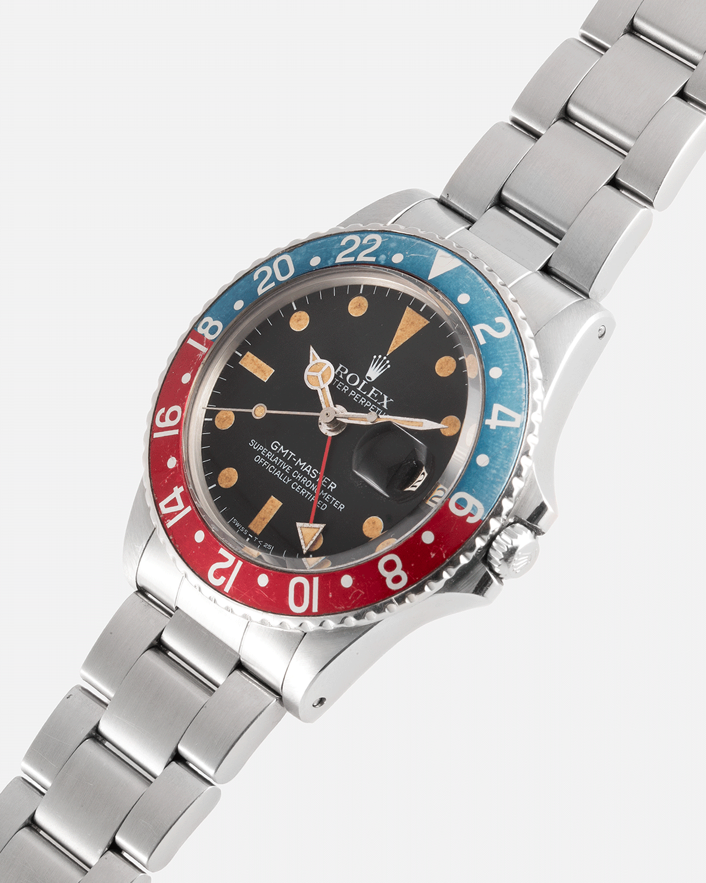 Brand: Rolex Year: 1977 Model: GMT-Master Reference Number: 1675 Serial Number: 519XXXX Material: Stainless Steel Movement: Cal. 1570 Case Diameter: 40mm Lug Width: 20mm Bracelet: Rolex 78360 Heavy Oyster Bracelet with 580 Endlinks and ‘A’ Stamp