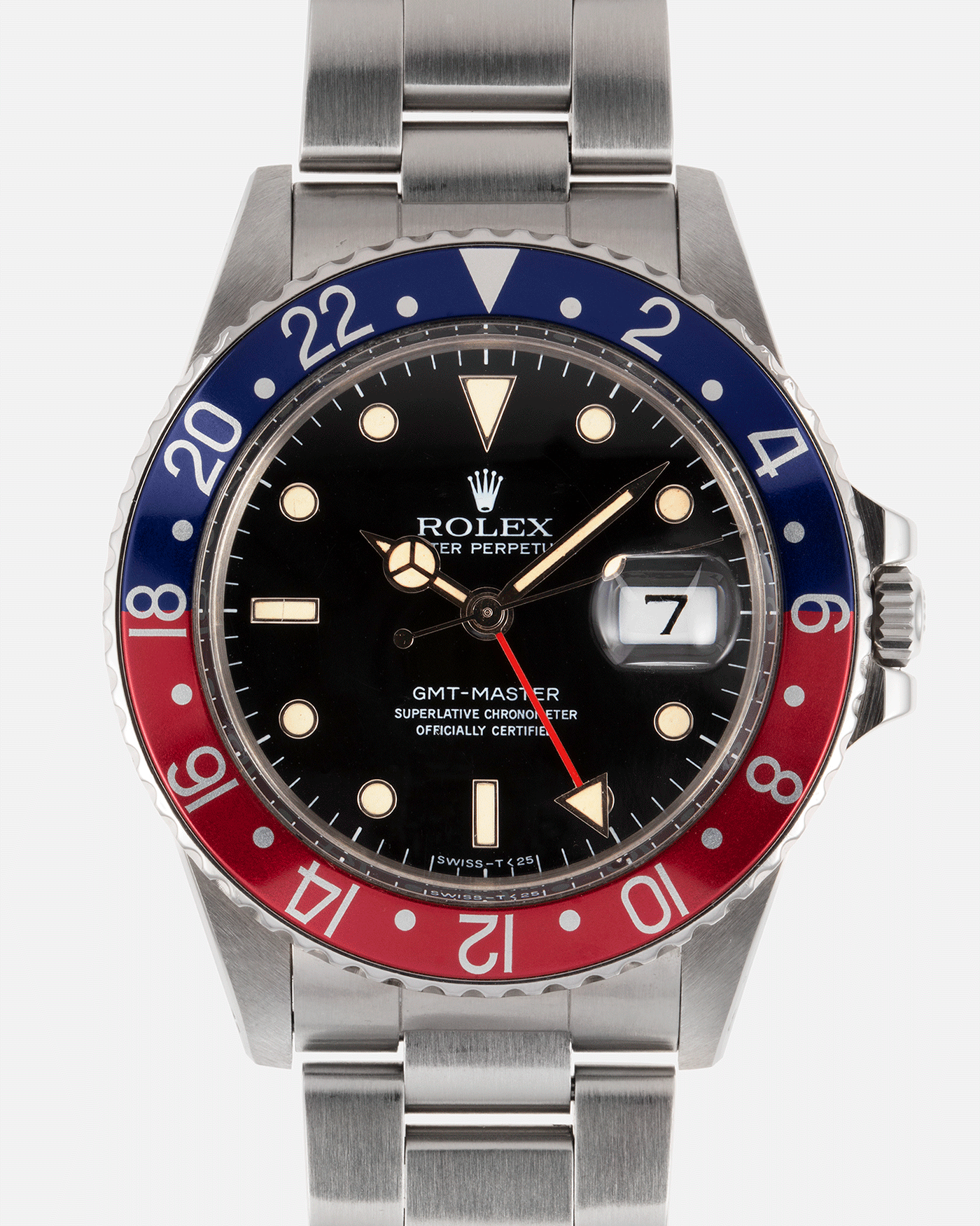 Brand: Rolex Year: 1985 Model: GMT-Master Reference Number: 16750 Gloss Dial Serial Number: 8,71X,XXX Material: Stainless Steel Movement: Cal. 3075 Case Diameter: 40mm Lug Width: 20mm Bracelet: 78360 with 501B end links 