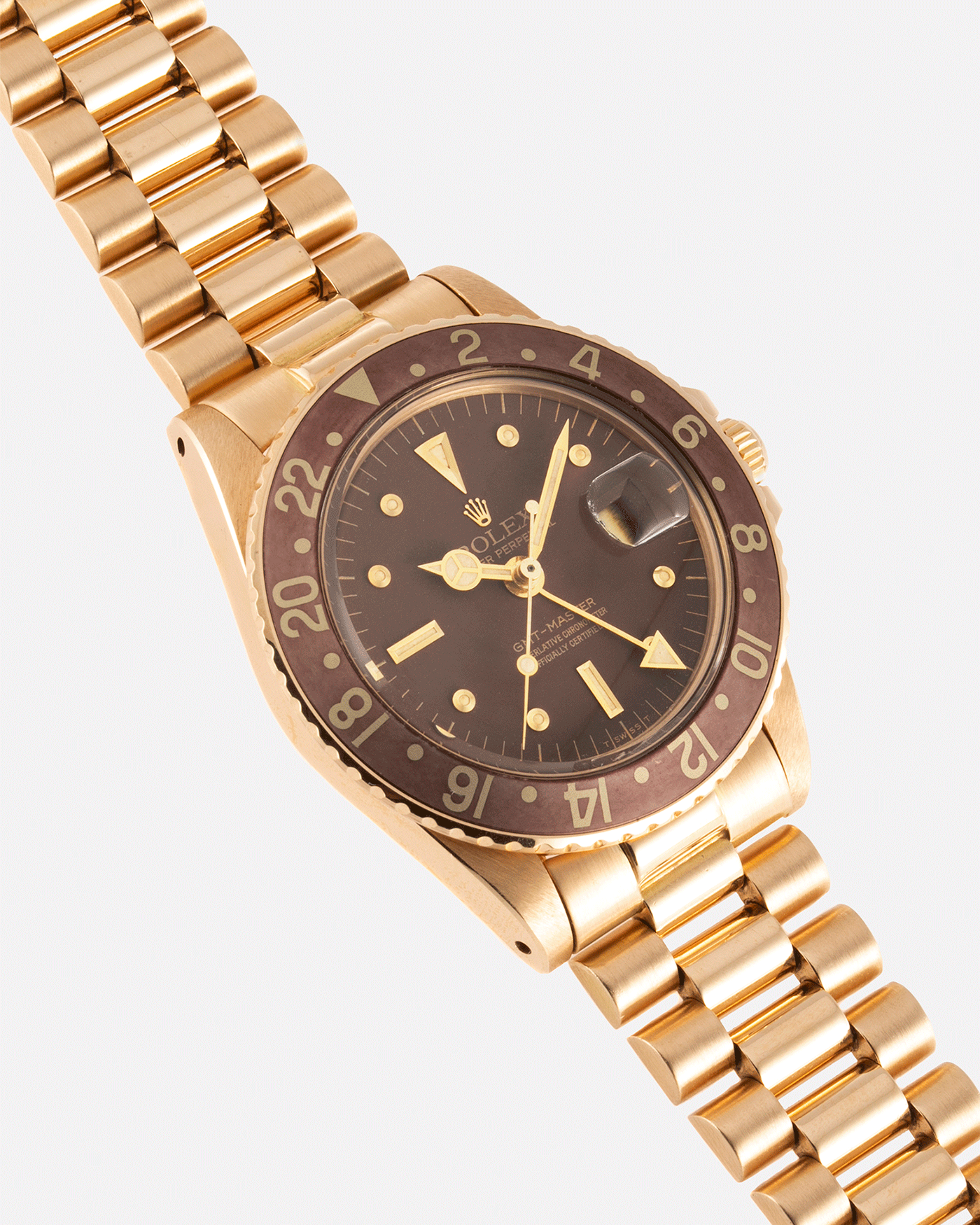 Brand: Rolex Year: 1978 Model: GMT-Master Reference Number: 1675 Serial Number: 5.3 mil Material: 18k Yellow Gold Movement: Cal. 1570 Case Diameter: 40mm Lug Width: 20mm Strap: 18k Yellow Gold Rolex President Bracelet