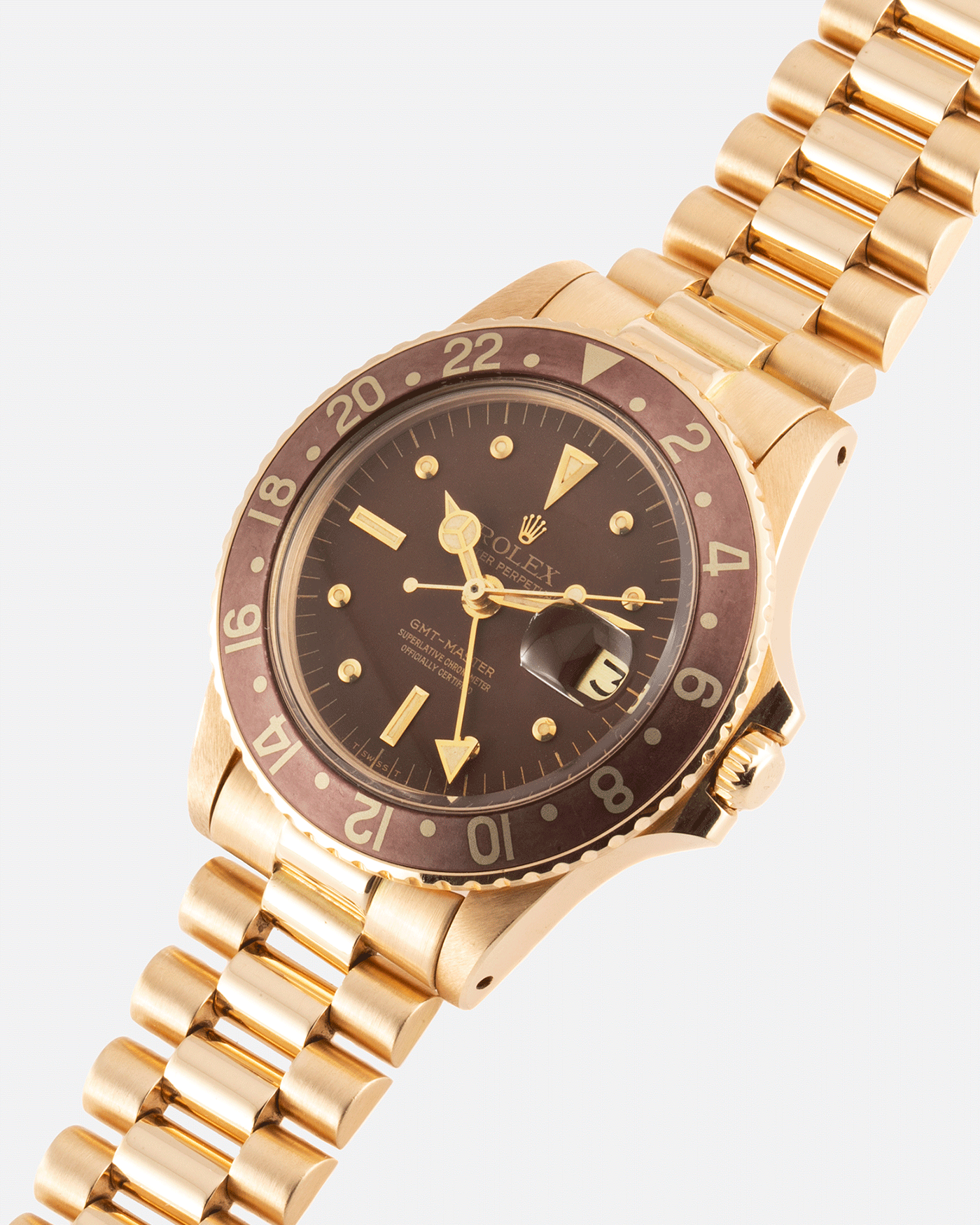 Brand: Rolex Year: 1978 Model: GMT-Master Reference Number: 1675 Serial Number: 5.3 mil Material: 18k Yellow Gold Movement: Cal. 1570 Case Diameter: 40mm Lug Width: 20mm Strap: 18k Yellow Gold Rolex President Bracelet