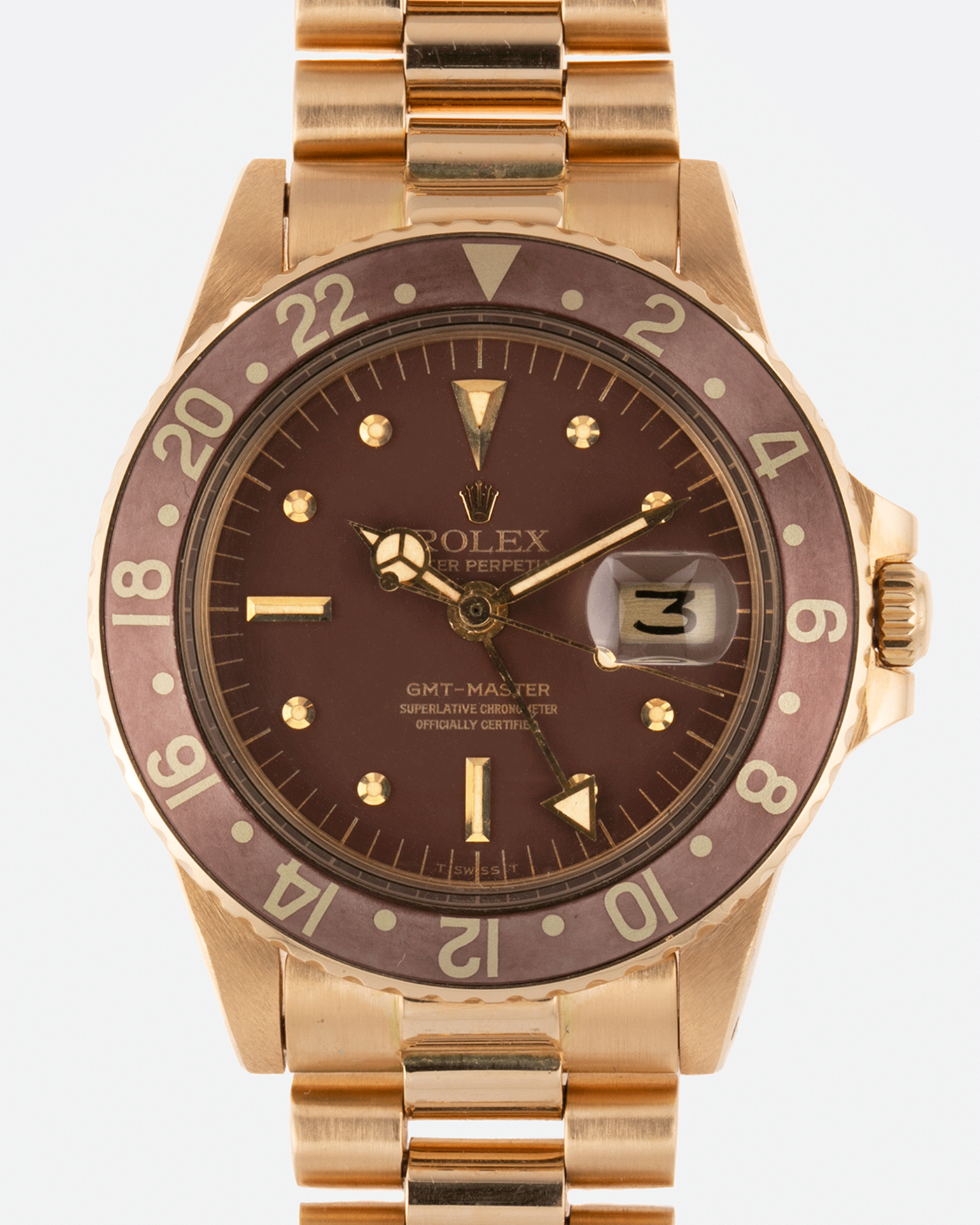 Brand: Rolex Year: 1978 Model: GMT-Master Reference Number: 1675 Serial Number: 5.3 mil Material: 18k Yellow Gold Movement: Cal. 1570 Case Diameter: 40mm Lug Width: 20mm Strap: 18k Yellow Gold Rolex President Bracelet