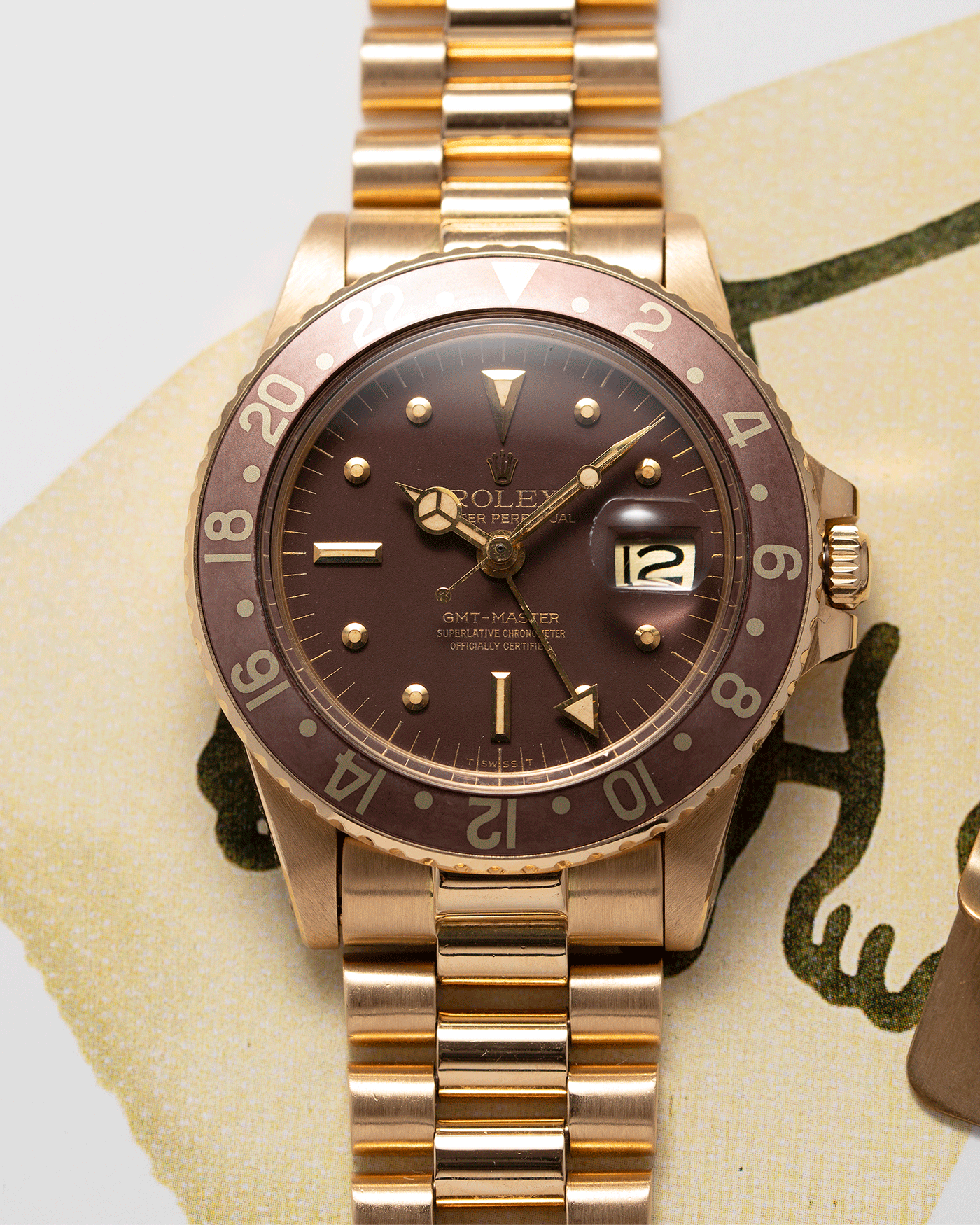 Brand: Rolex Year: 1978 Model: GMT-Master Reference Number: 1675 Serial Number: 5.3 mil Material: 18k Yellow Gold Movement: Cal. 1570 Case Diameter: 40mm Lug Width: 20mm Strap: 18k Yellow Gold Rolex President Bracelet