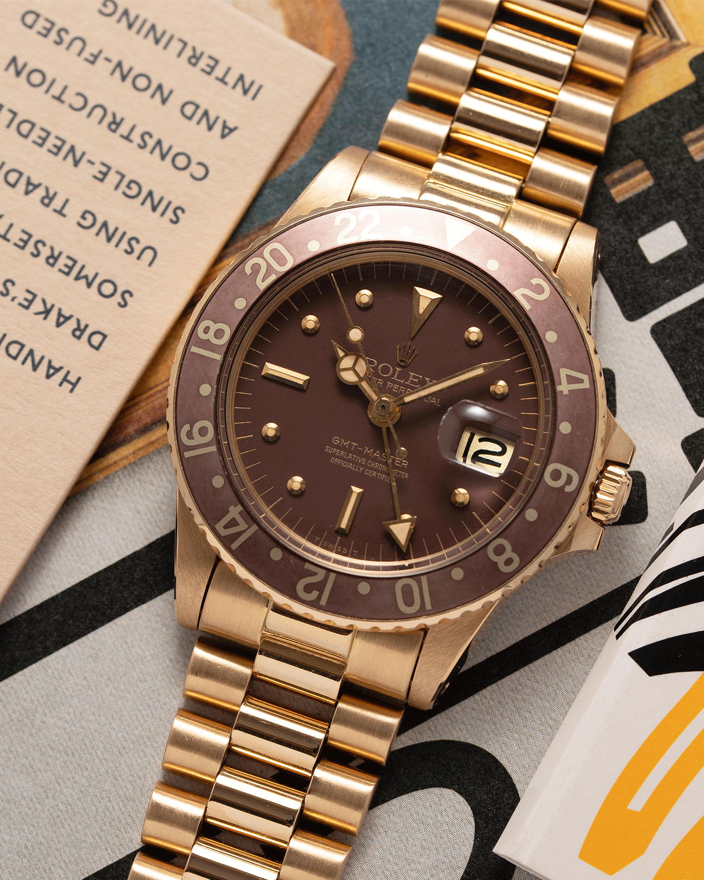 Brand: Rolex Year: 1978 Model: GMT-Master Reference Number: 1675 Serial Number: 5.3 mil Material: 18k Yellow Gold Movement: Cal. 1570 Case Diameter: 40mm Lug Width: 20mm Strap: 18k Yellow Gold Rolex President Bracelet