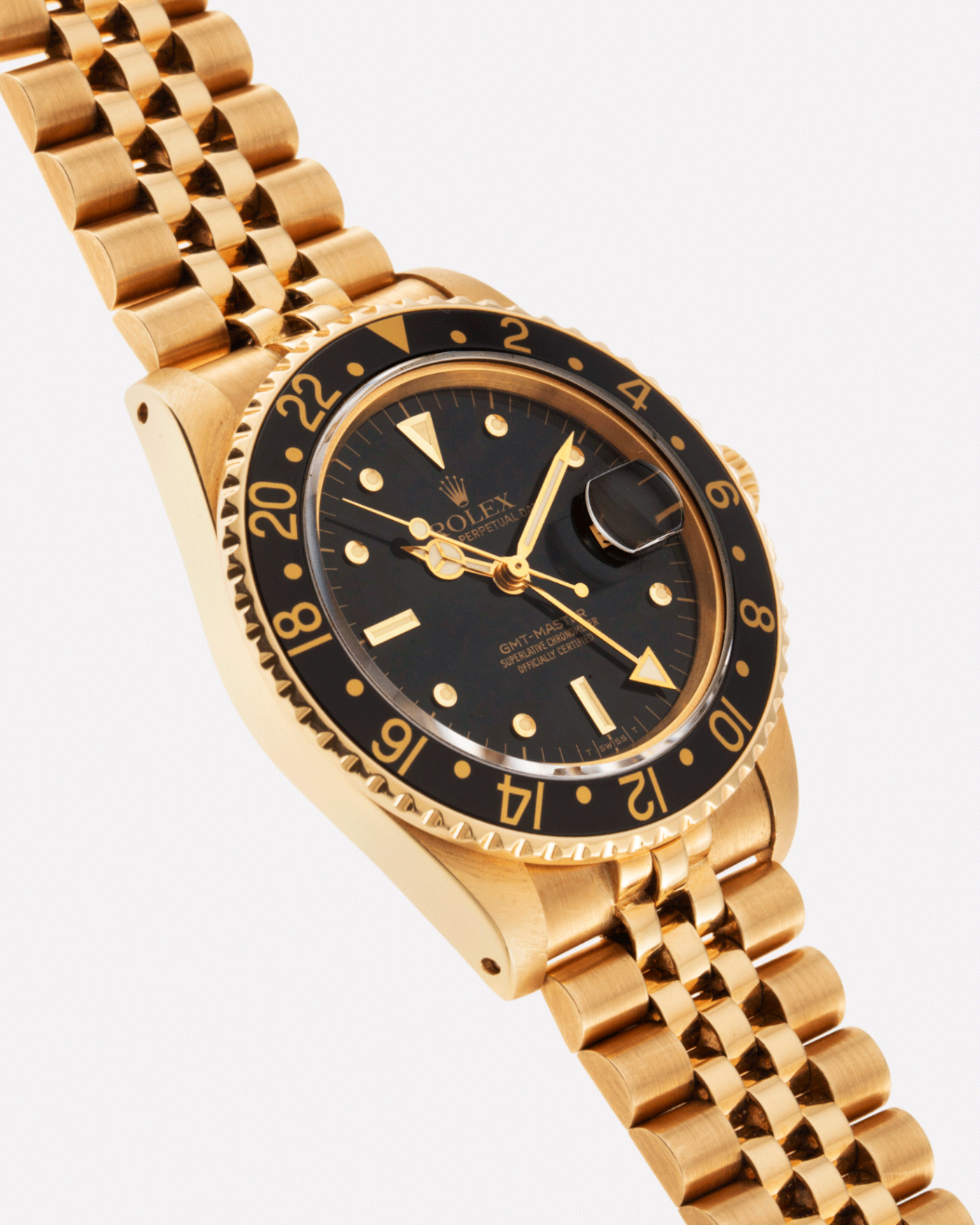 Brand: Rolex Year: 1985 Model: GMT-Master Reference Number: 1675 Serial Number: 8.7 mil Material: 18k Yellow Gold Movement: Cal. 1570 Case Diameter: 40mm Lug Width: 20mm Strap: 18k Yellow Gold Rolex 8386 Jubilee Bracelet with ’47’ End Links