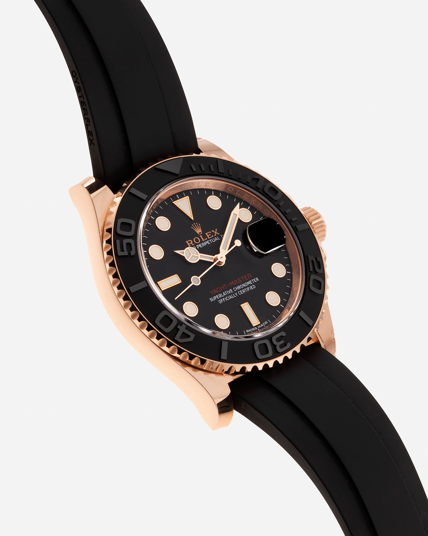 Brand: Rolex Year: 2019 Model: Yachtmaster Reference Number: 116655 Material: 18k Everose Gold Movement: Cal 3135 Case Diameter: 40mm Bracelet: Rolex Oysterflex Bracelet with 18k Everose Gold Clasp