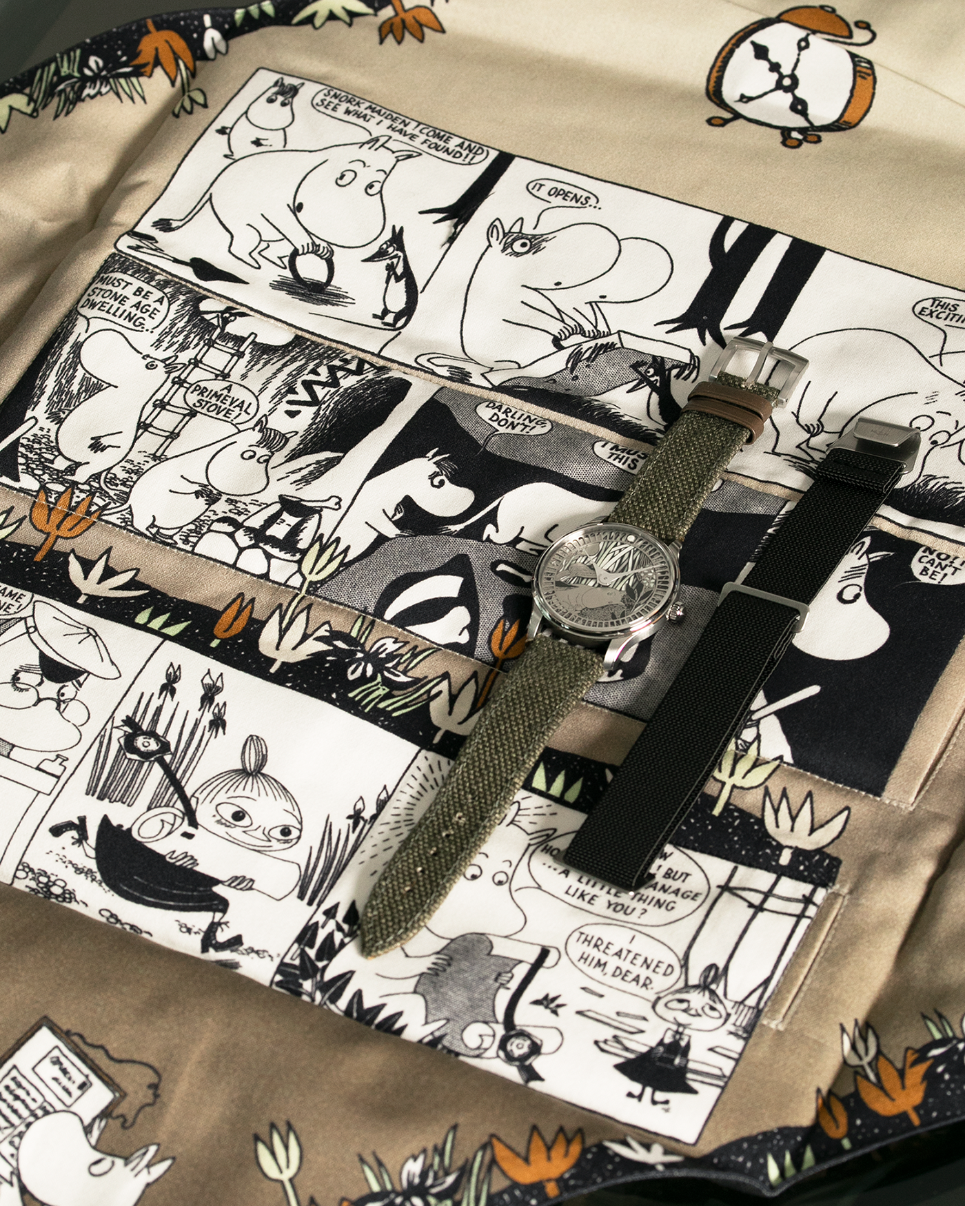 Brand: Sarpaneva S.U.F. Year: 2020 Model: Moomin Material: Stainless Steel Movement: Soprod A10 Case Diameter: 38.7mm Bracelet/Strap: Sarpaneva S.U.F. Green Textile Strap
