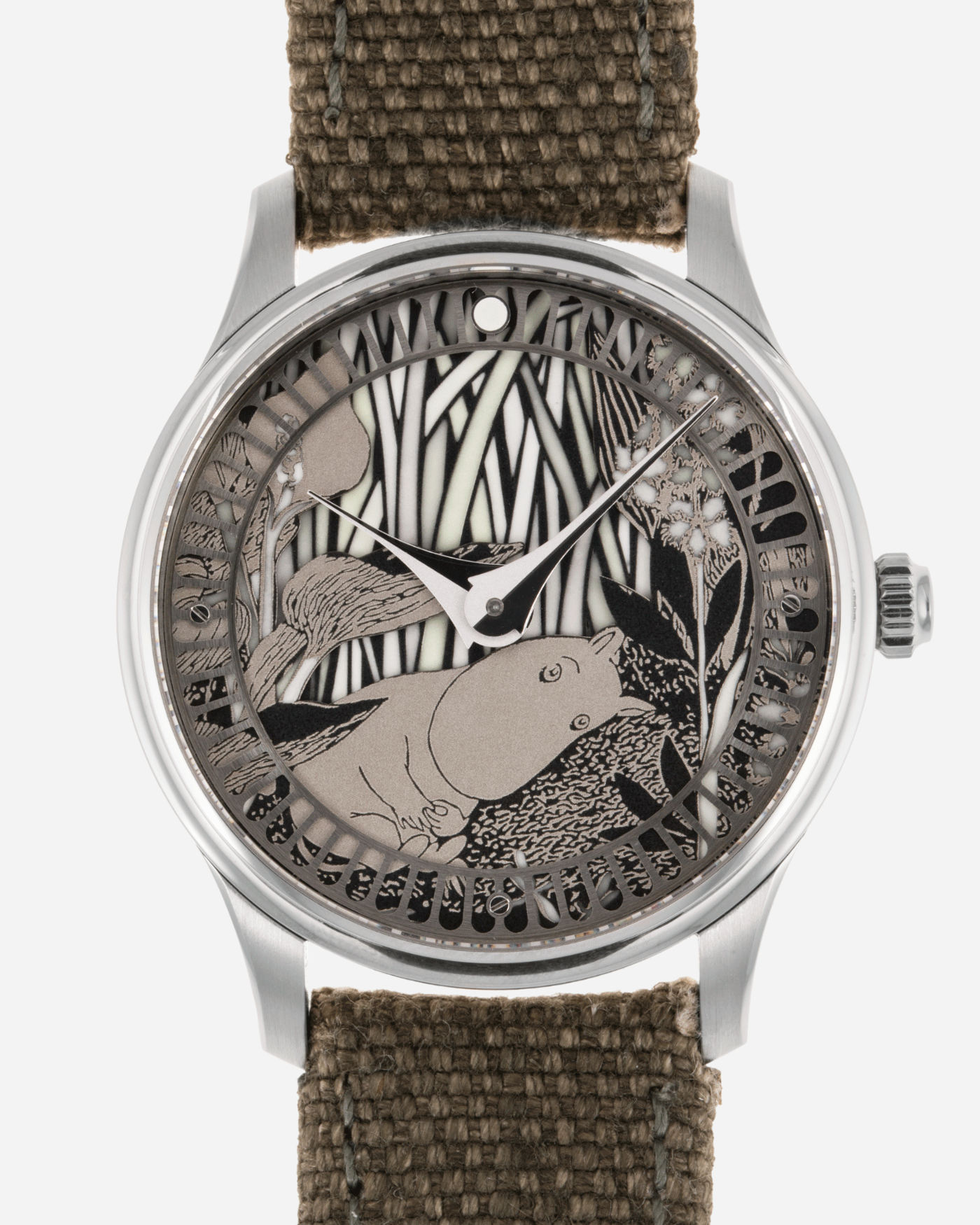 Brand: Sarpaneva S.U.F. Year: 2020 Model: Moomin Material: Stainless Steel Movement: Soprod A10 Case Diameter: 38.7mm Bracelet/Strap: Sarpaneva S.U.F. Green Textile Strap