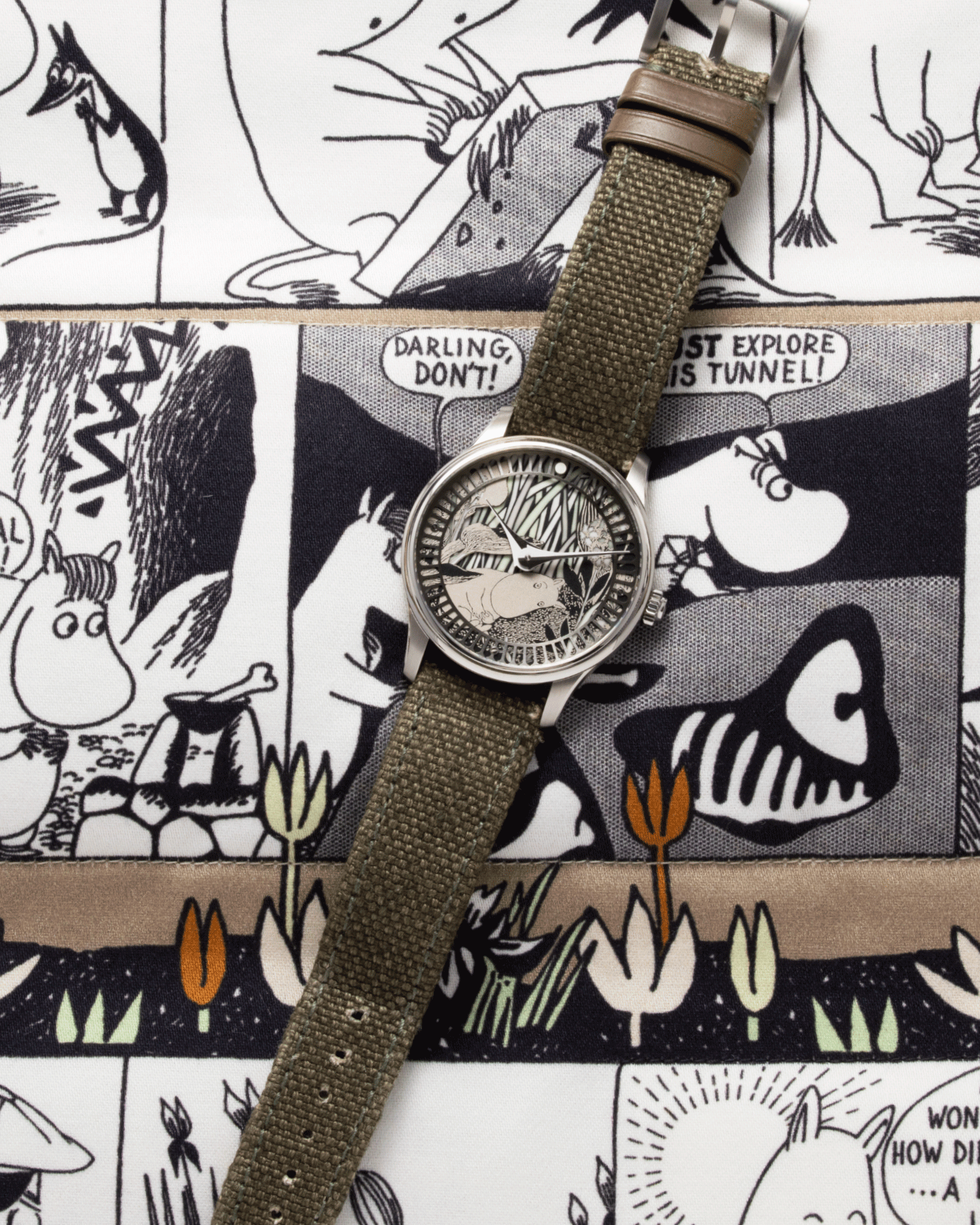Brand: Sarpaneva S.U.F. Year: 2020 Model: Moomin Material: Stainless Steel Movement: Soprod A10 Case Diameter: 38.7mm Bracelet/Strap: Sarpaneva S.U.F. Green Textile Strap