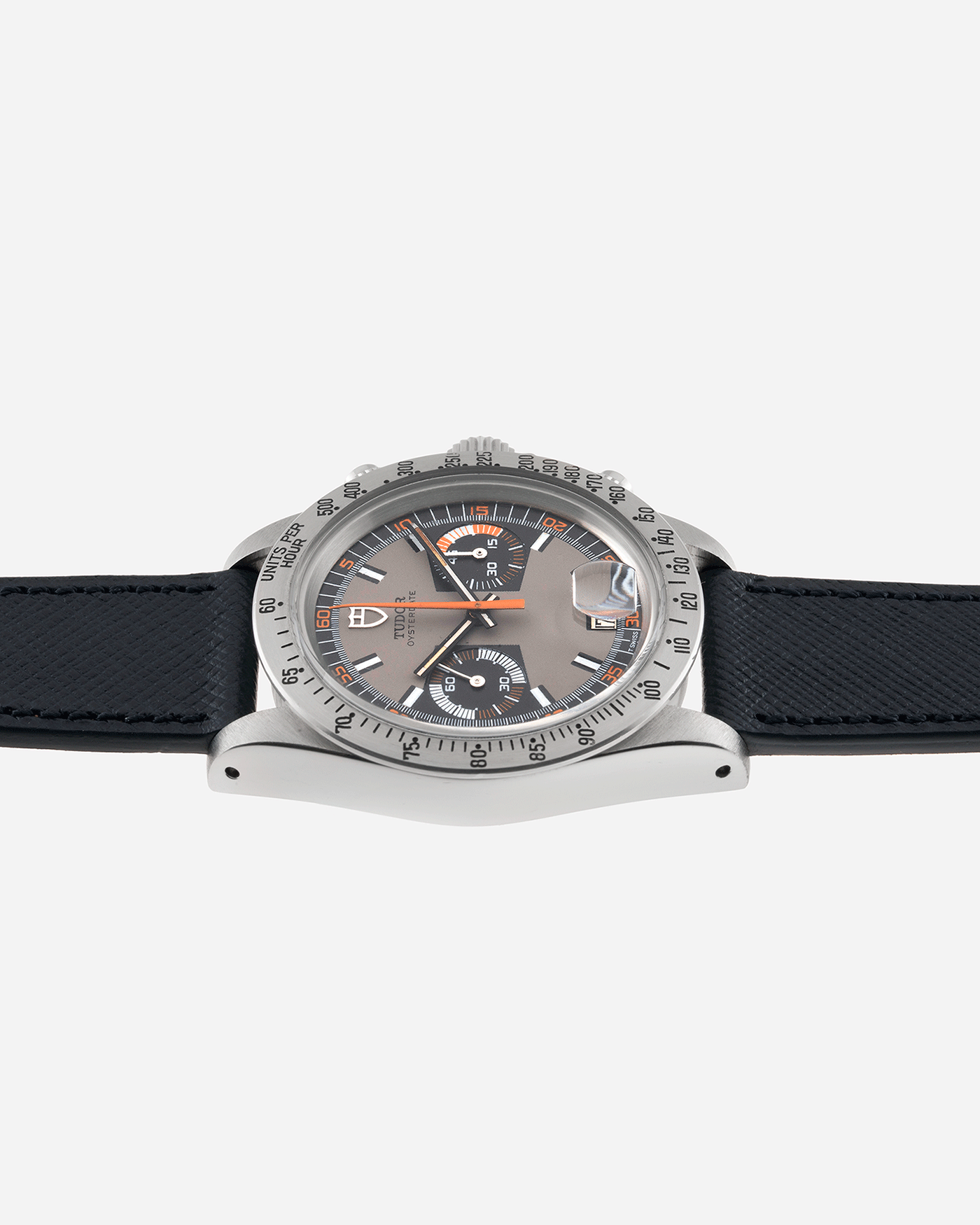 Brand: Tudor Year: 1974 Model: Monte Carlo Reference Number: 7159 Serial Number: 826XXX Material: Stainless Steel Movement: Valjoux Cal. 234 Case Diameter: 40mm Lug Width: 20mm Bracelet/Strap: Molequin Navy Blue Saffiano with Generic Stainless Steel Tang Buckle