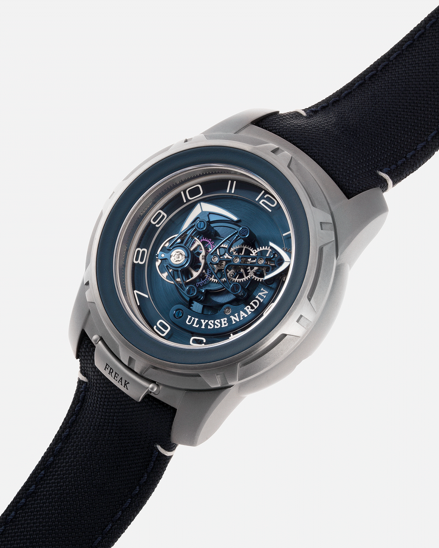 Brand: Ulysse Nardin Year: 2020 Model: Freak Out Reference: DB25 Material: Titanium Movement: In-House Manually-Wound UN-205 Case Diameter: 45mm Strap: Ulysse Nardin Blue Leather-Backed Textile Strap with Titanium Deployant
