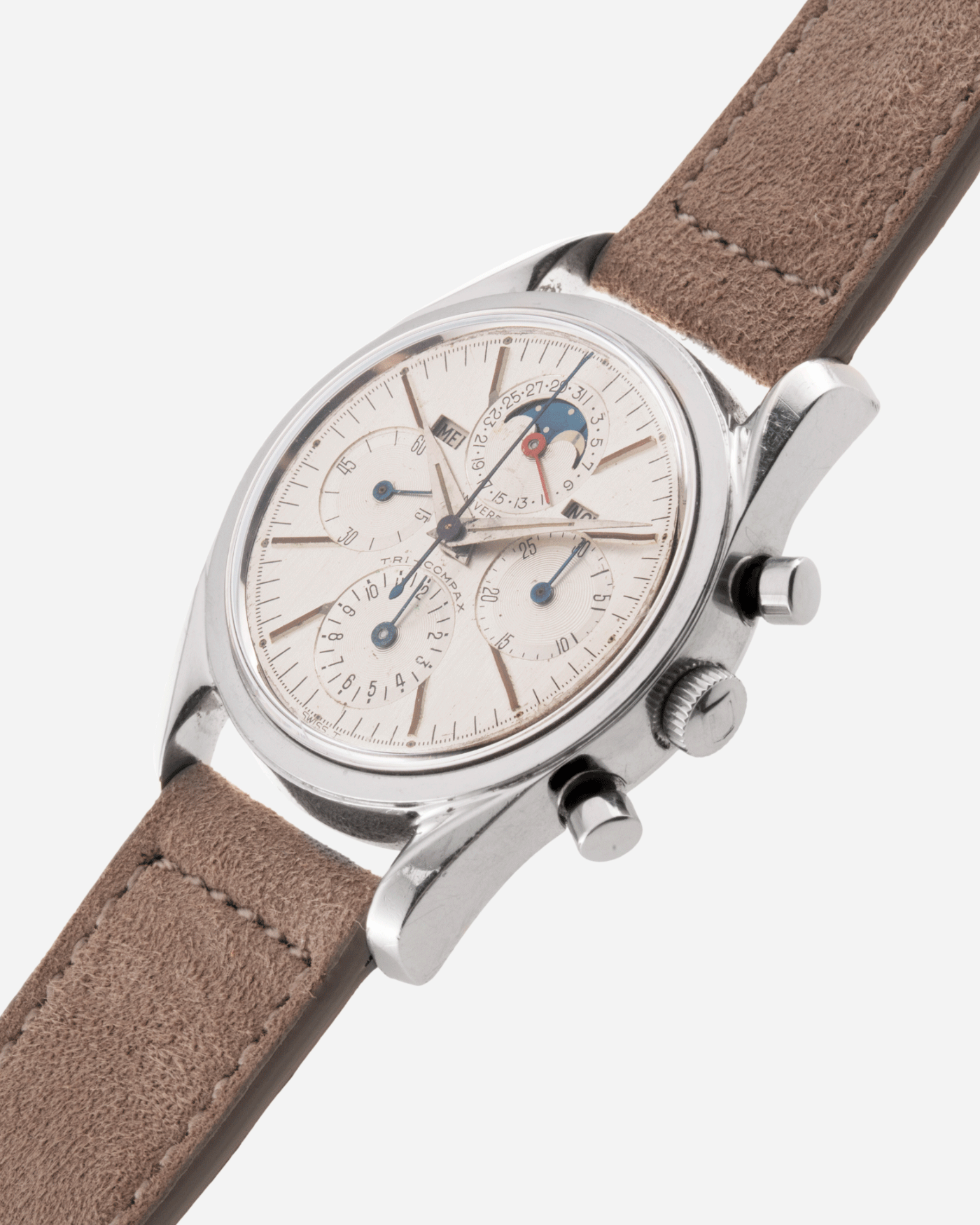 Brand: Universal Geneve Year: 1960’s Reference Number: 222100 Material: Stainless Steel Movement: Cal. 281 Case Diameter: 36mm Lug Width: 18mm Strap: Molequin Taupe Nubuck and Stainless Steel Buckle