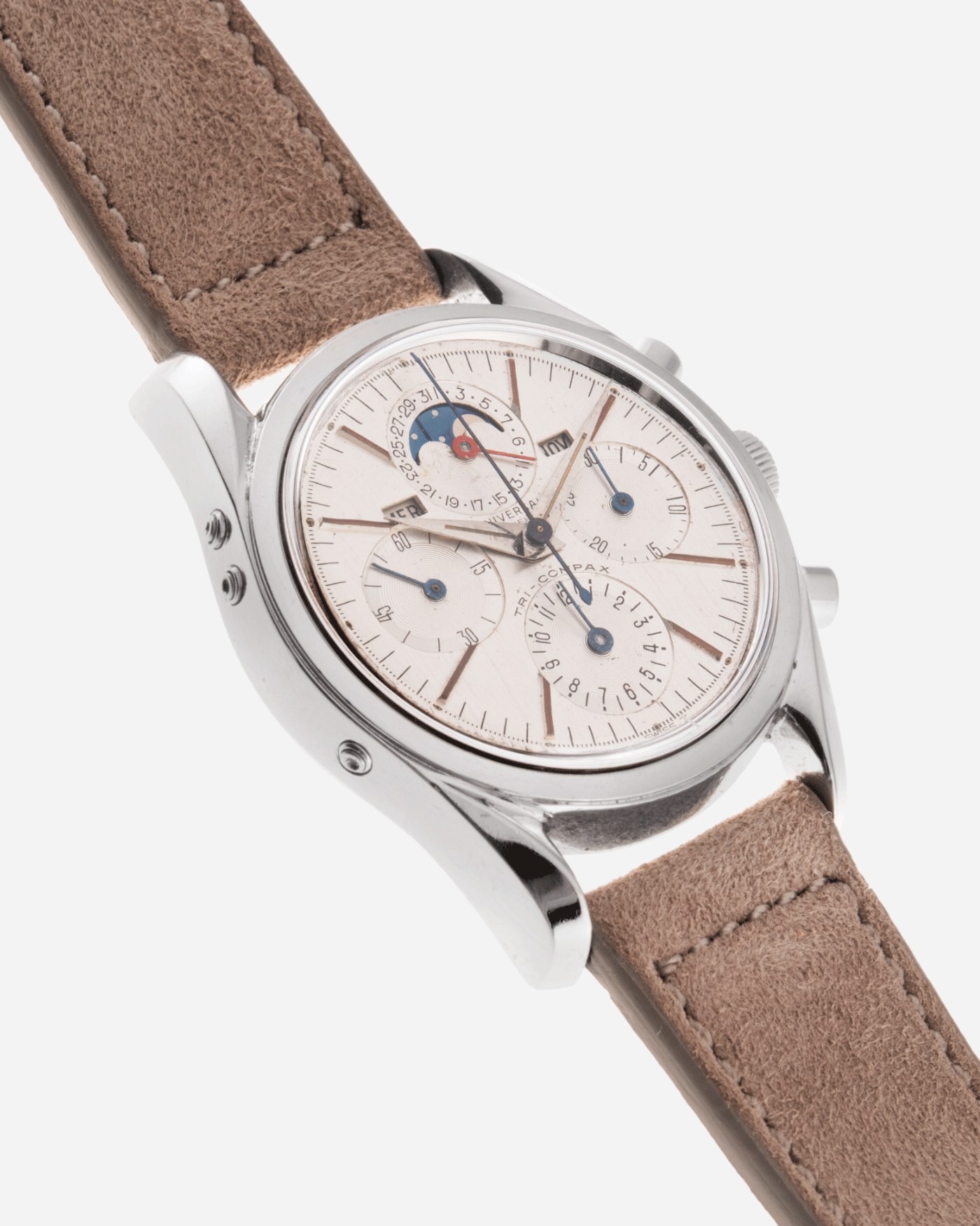 Brand: Universal Geneve Year: 1960’s Reference Number: 222100 Material: Stainless Steel Movement: Cal. 281 Case Diameter: 36mm Lug Width: 18mm Strap: Molequin Taupe Nubuck and Stainless Steel Buckle