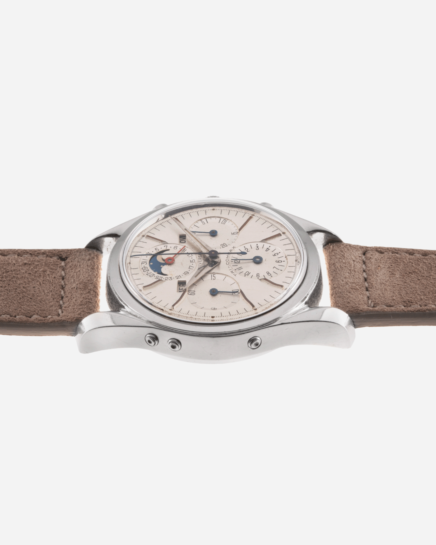 Brand: Universal Geneve Year: 1960’s Reference Number: 222100 Material: Stainless Steel Movement: Cal. 281 Case Diameter: 36mm Lug Width: 18mm Strap: Molequin Taupe Nubuck and Stainless Steel Buckle