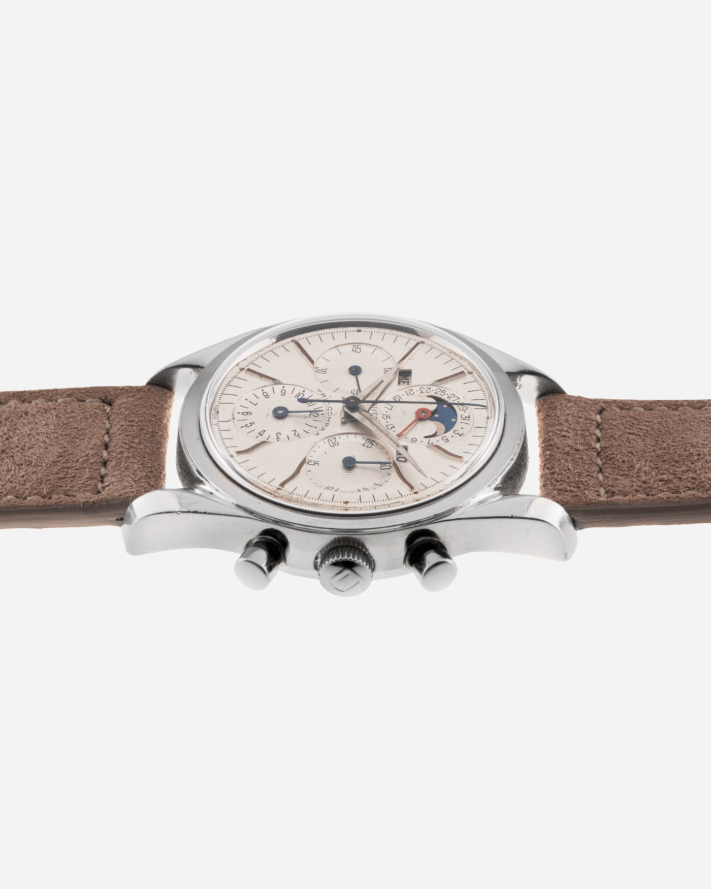 Brand: Universal Geneve Year: 1960’s Reference Number: 222100 Material: Stainless Steel Movement: Cal. 281 Case Diameter: 36mm Lug Width: 18mm Strap: Molequin Taupe Nubuck and Stainless Steel Buckle