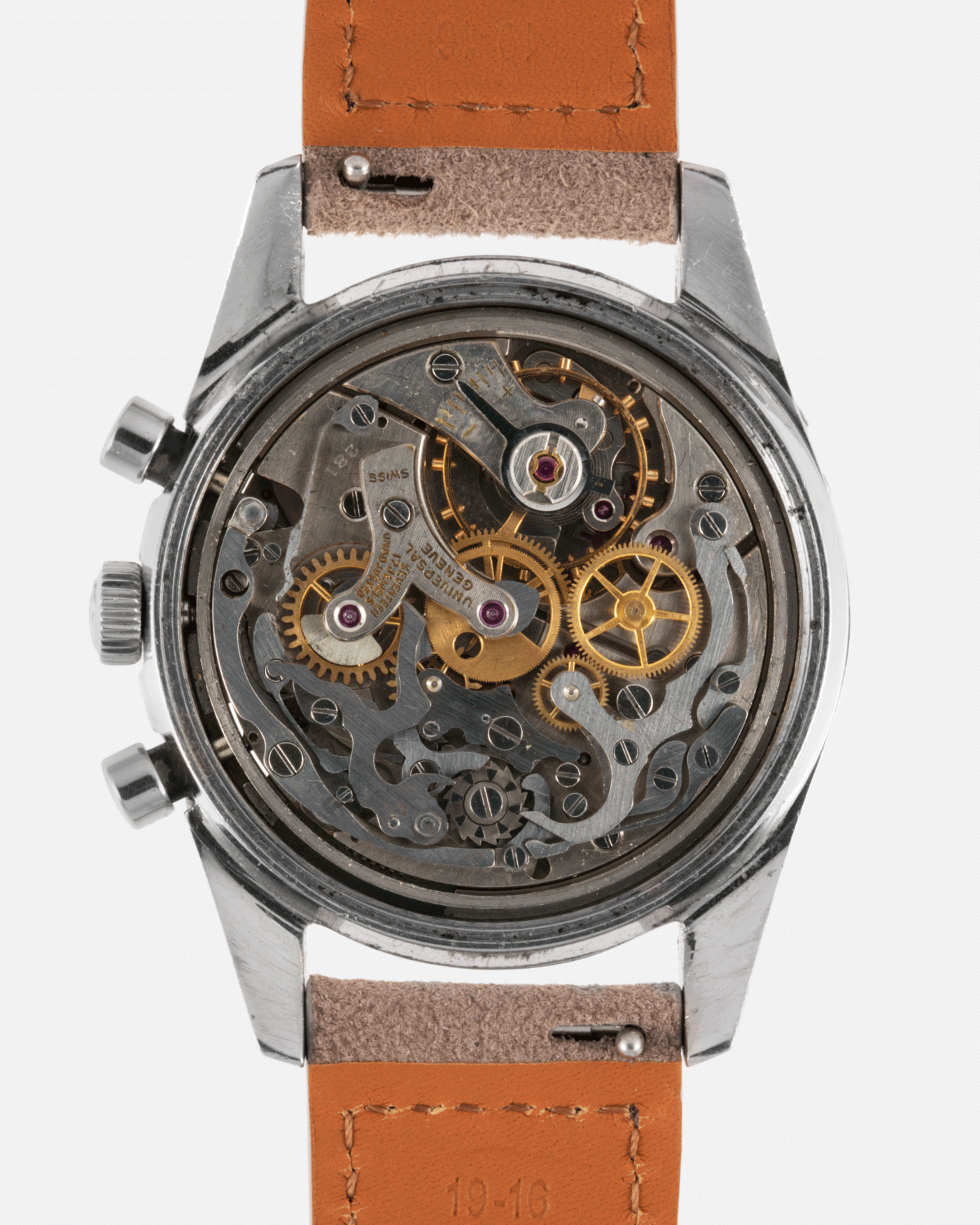 Brand: Universal Geneve Year: 1960’s Reference Number: 222100 Material: Stainless Steel Movement: Cal. 281 Case Diameter: 36mm Lug Width: 18mm Strap: Molequin Taupe Nubuck and Stainless Steel Buckle
