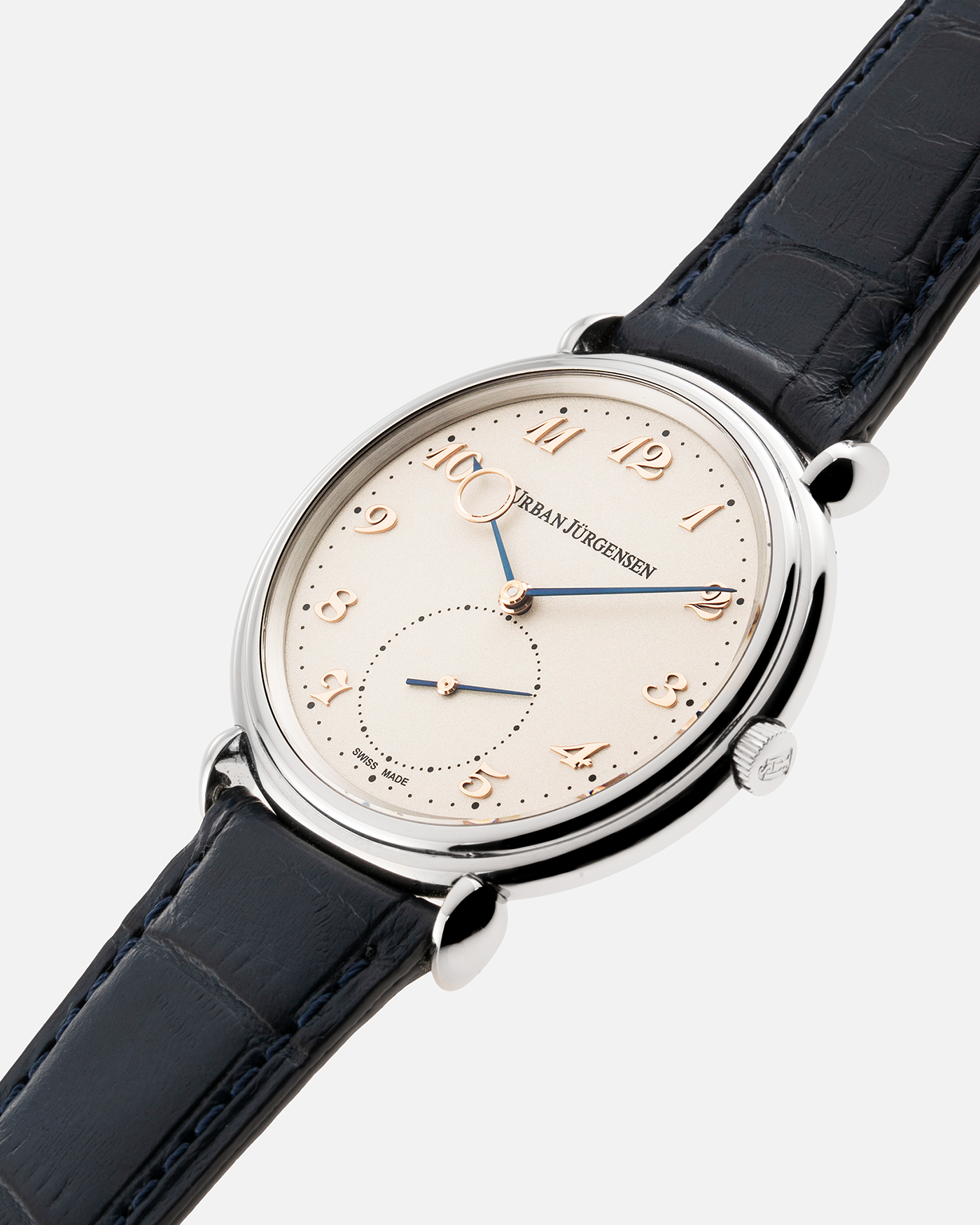 Brand: Urban Jurgensen Year: 2020 Model: Big 8 London Edition Material: Stainless Steel Movement: Frederic Piguet cal. 1160 Case Diameter: 40mm Strap: Urban Jurgensen Navy Blue Alligator with Stainless Steel Tang Buckle