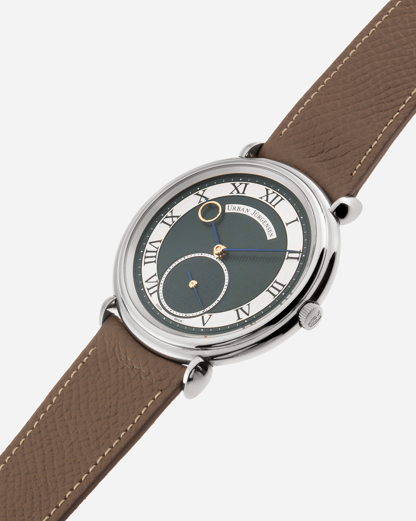 Brand: Urban Jurgensen Year: 2020 Model: Big 8 London Edition Material: Stainless Steel Movement: Frederic Piguet cal. 1160 Case Diameter: 40mm Strap: Nostime Taupe Grained Calf and Grey Suede Strap by A Collected Man and Stainless Steel Urban Jurgensen Tang Buckle